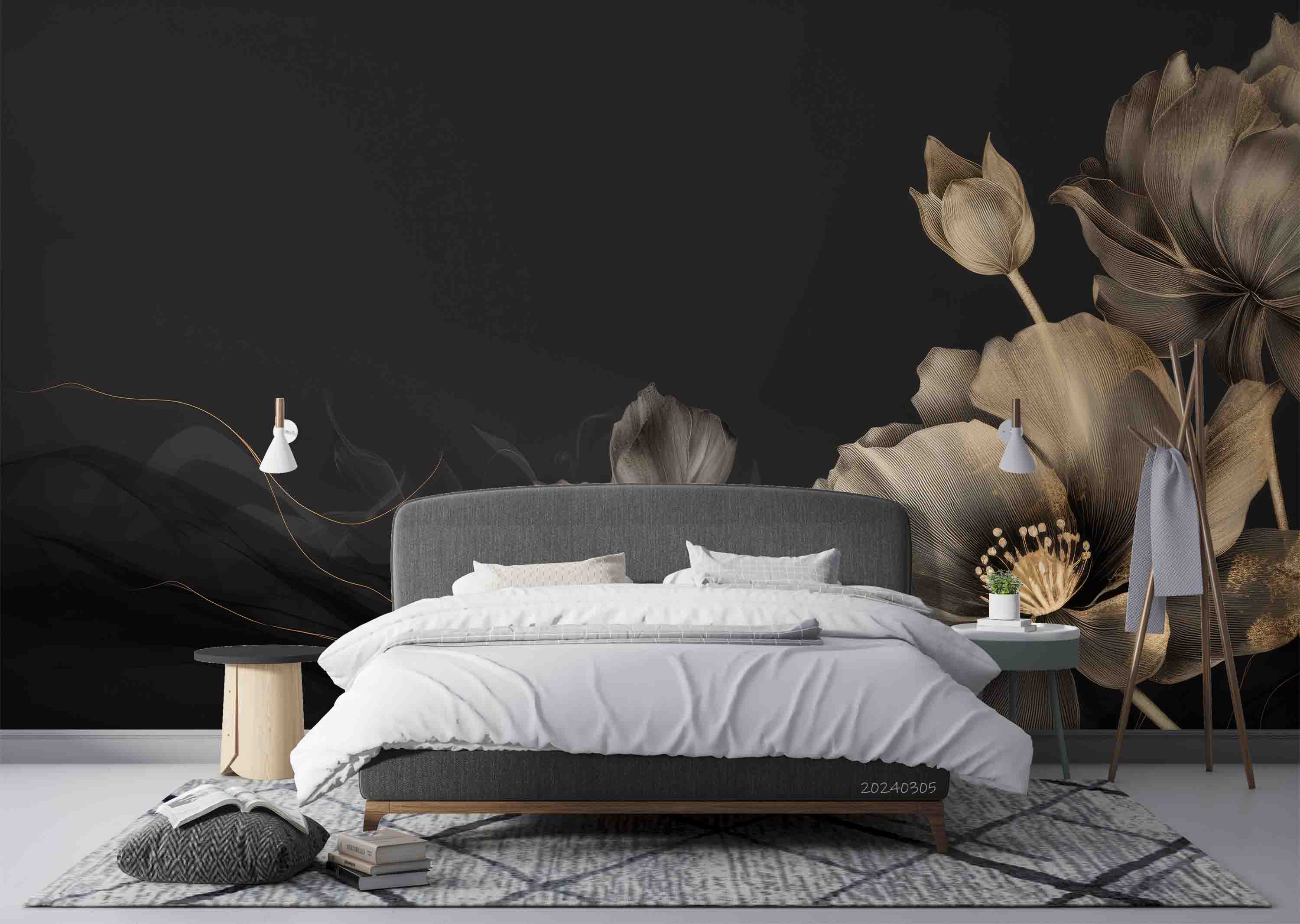 3D Gray Floral Dark Background Wallpaper Wall Mural Wall Decor Wall Art Wall Sticker Remoable Wallpaper