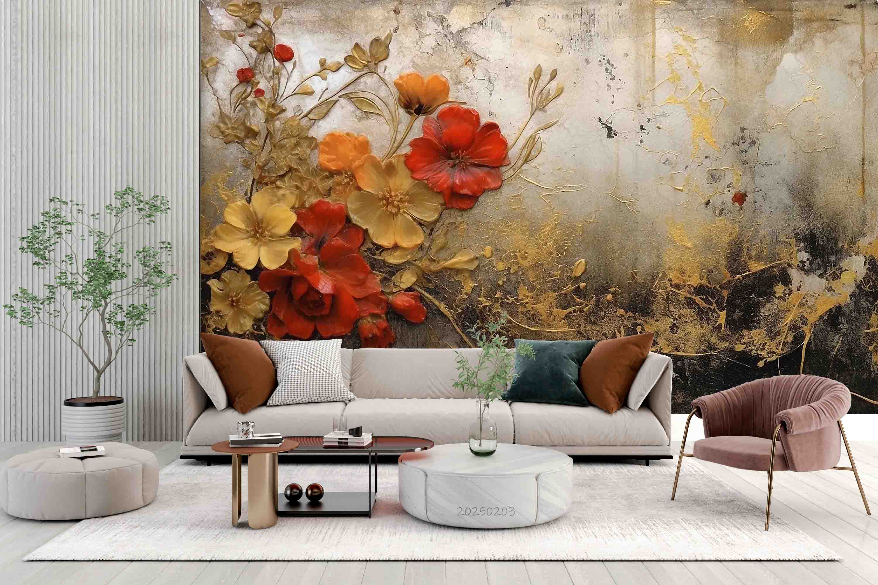 3D Red Gold Floral Oil Painting Wallpaper Wall Mural Wall Decor Wall Art Wall Sticker Remoable Wallpaper LQH