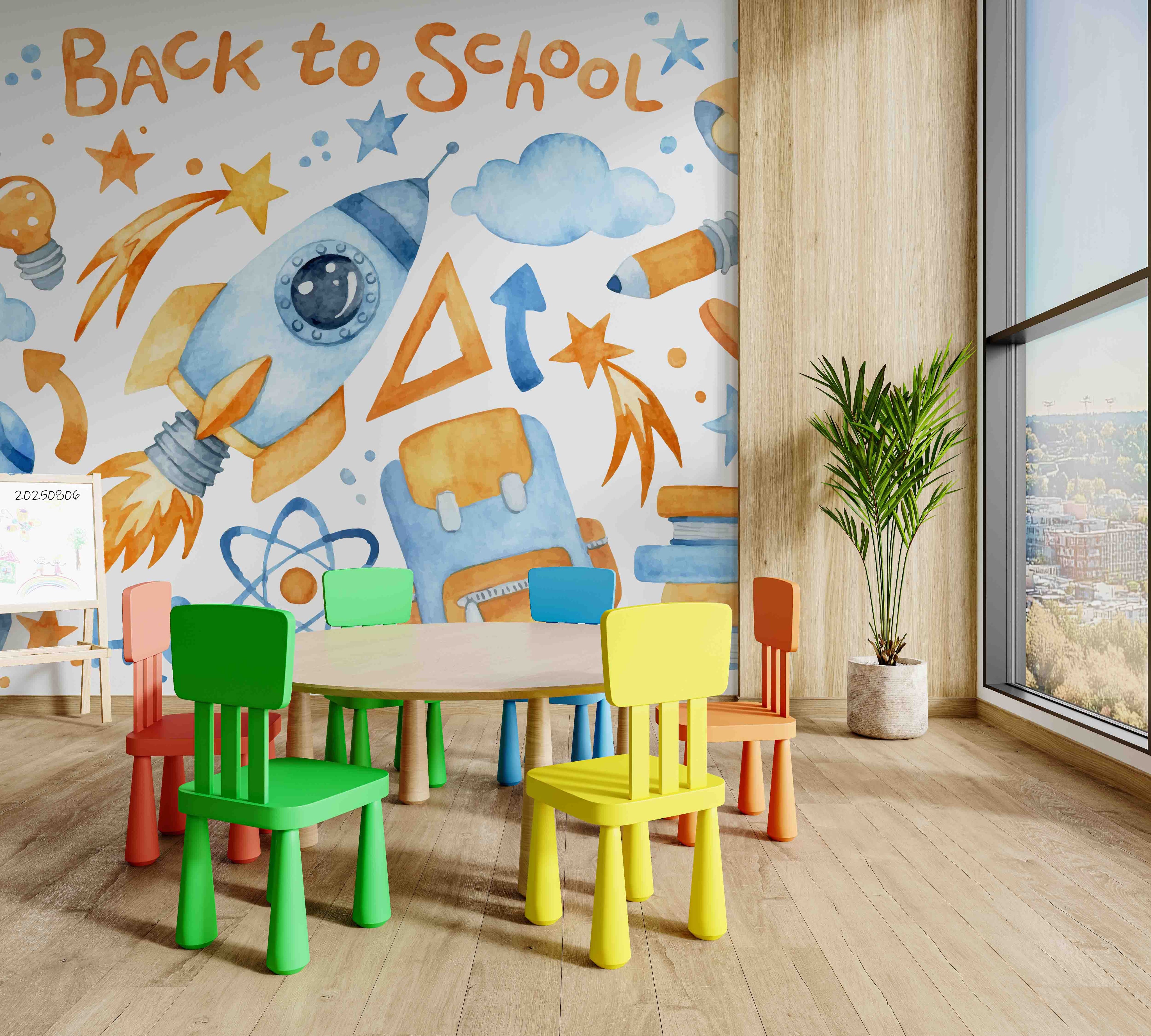 3D Childcare Nursery School Cartoon Kids Rocket Planet UniverseWall Mural Wallpaper JN