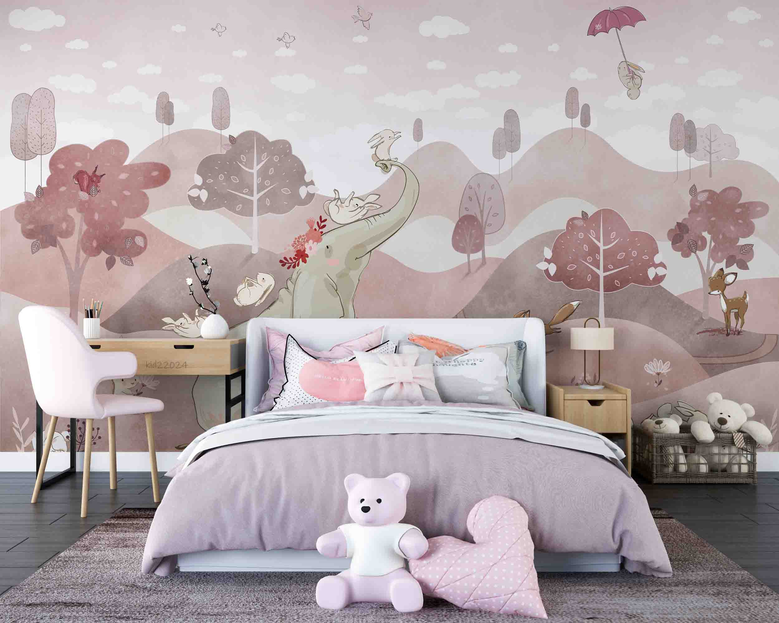 3D Tree Fox Elephant Rabbit Bird Umbrella Wall Mural Wallpaper YXL 392