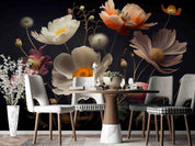 3D Hand Drawn White Floral Dark Background Wallpaper Wall Mural Wall Decor Wall Art Wall Sticker Remoable Wallpaper