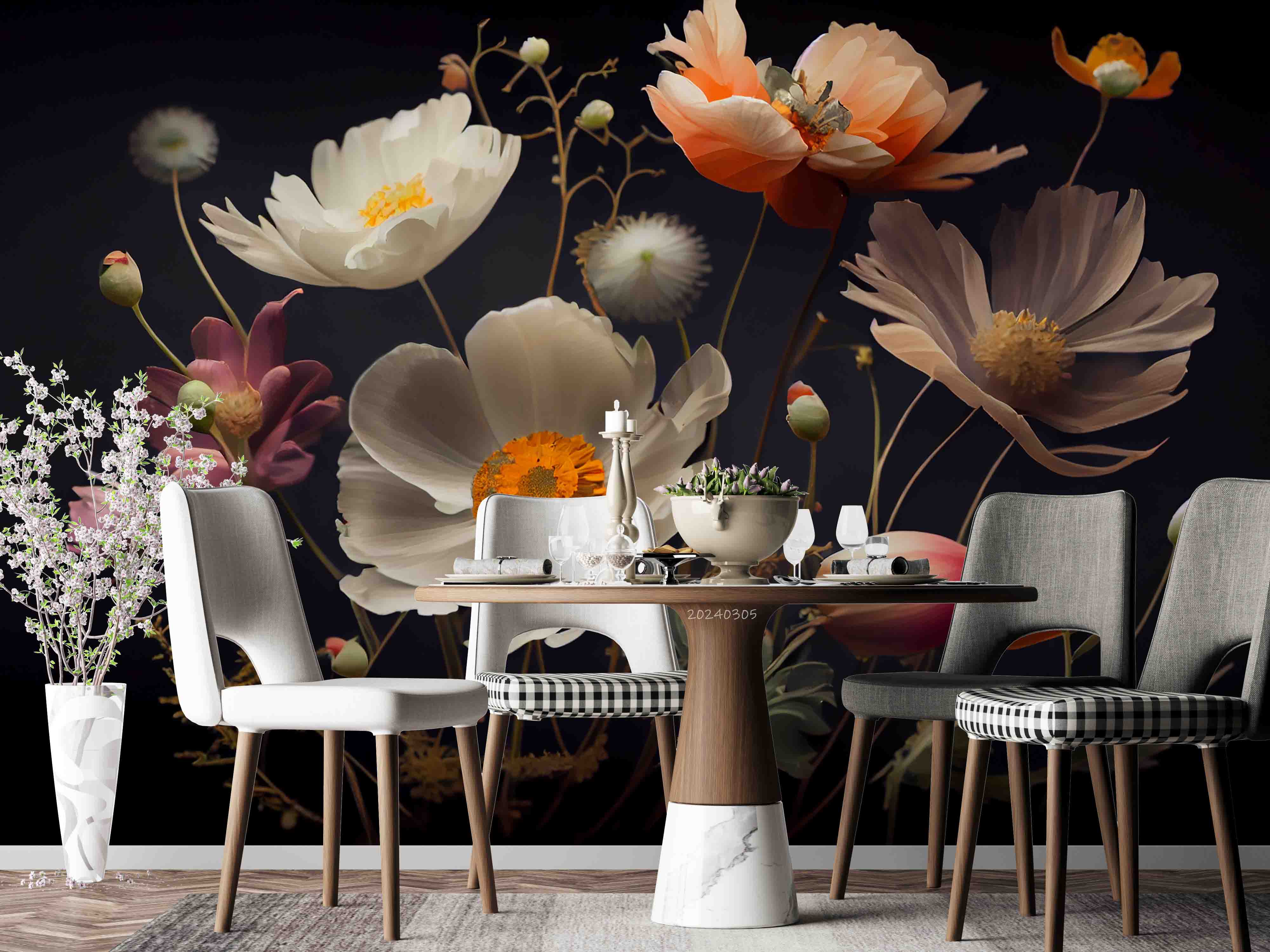 3D Hand Drawn White Floral Dark Background Wallpaper Wall Mural Wall Decor Wall Art Wall Sticker Remoable Wallpaper