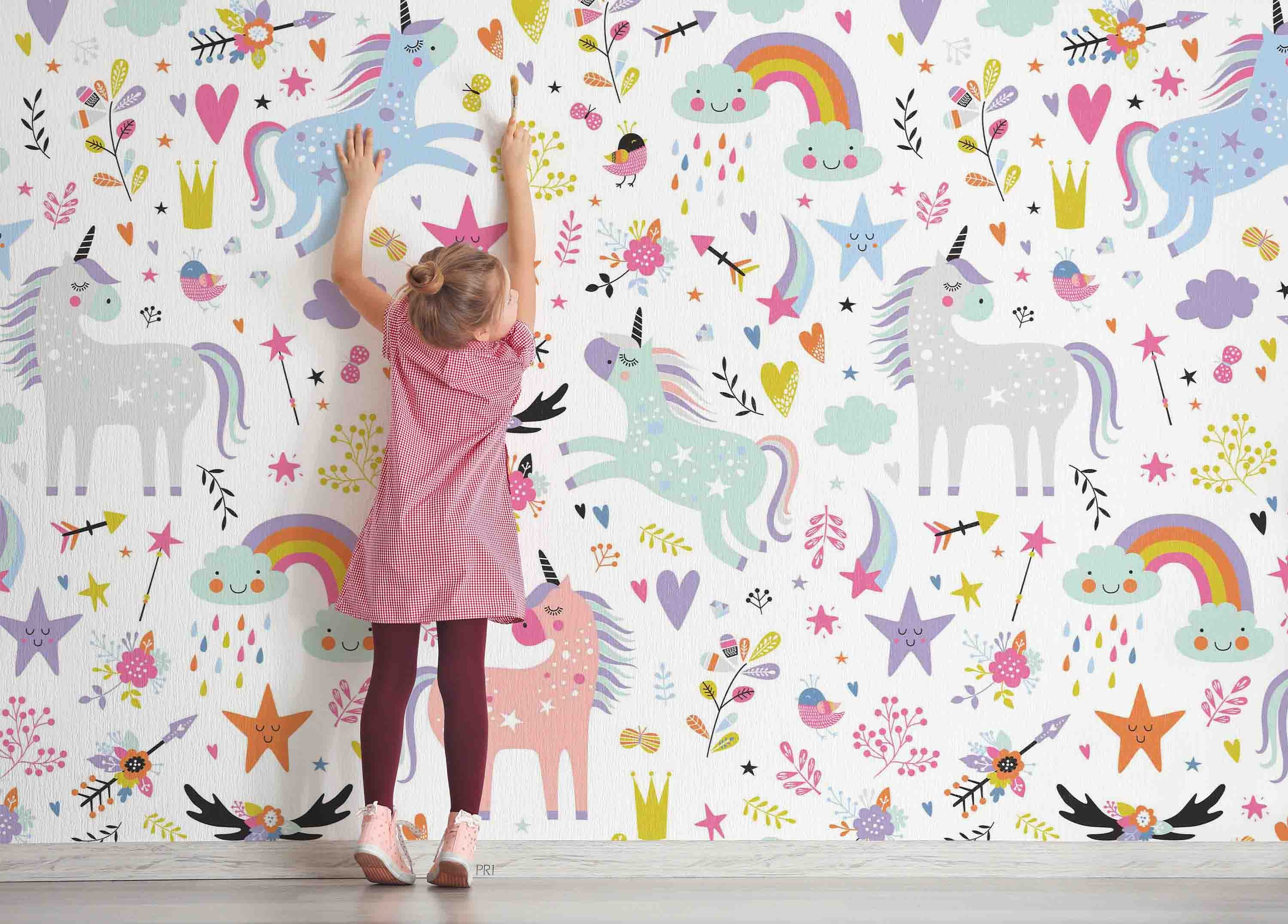 3D Unicorn Rainbow  Star Leaf Love Wall Mural Wallpaper YXL 2692