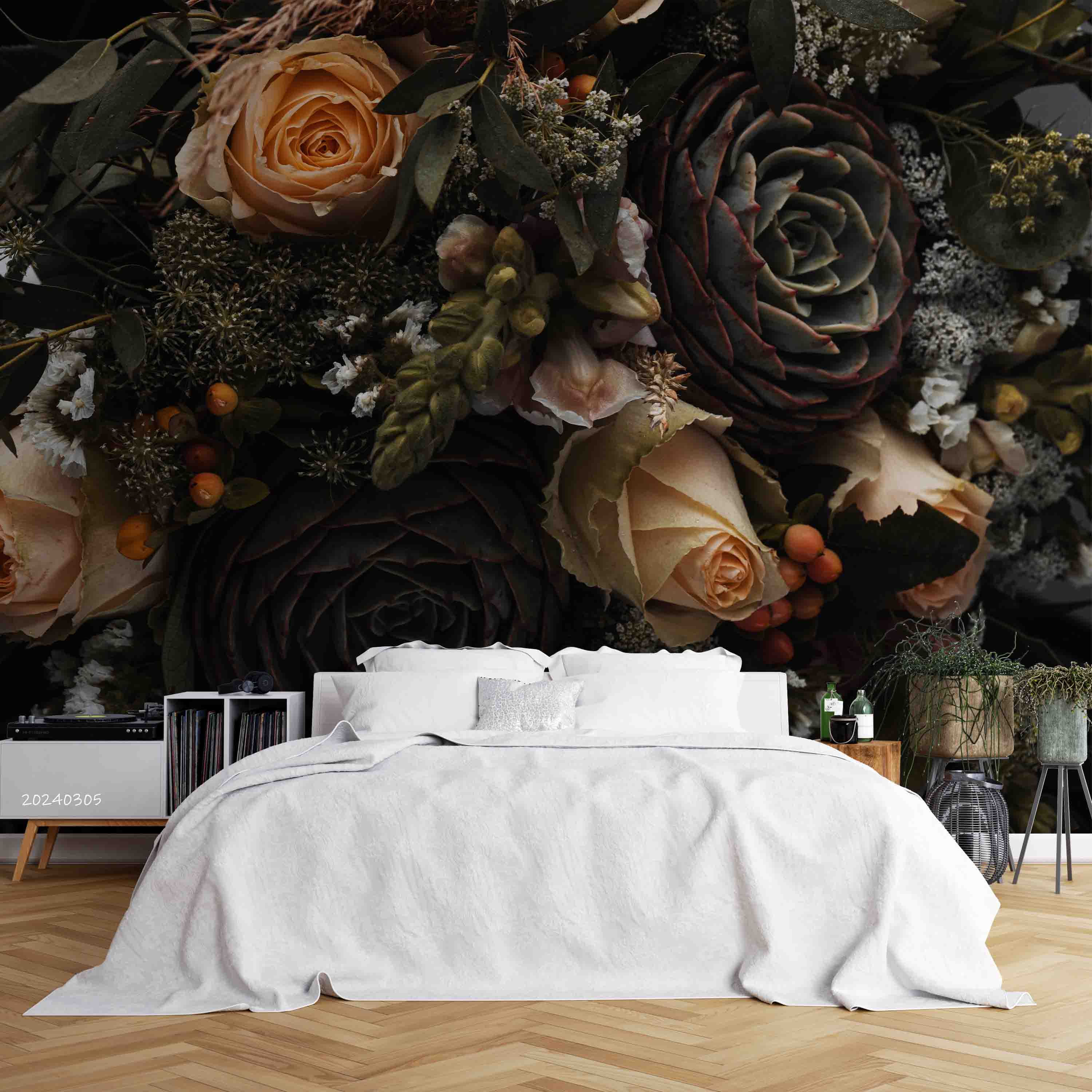 3D Rose Floral Bouquet Dark Background Wallpaper Wall Mural Wall Decor Wall Art Wall Sticker Remoable Wallpaper
