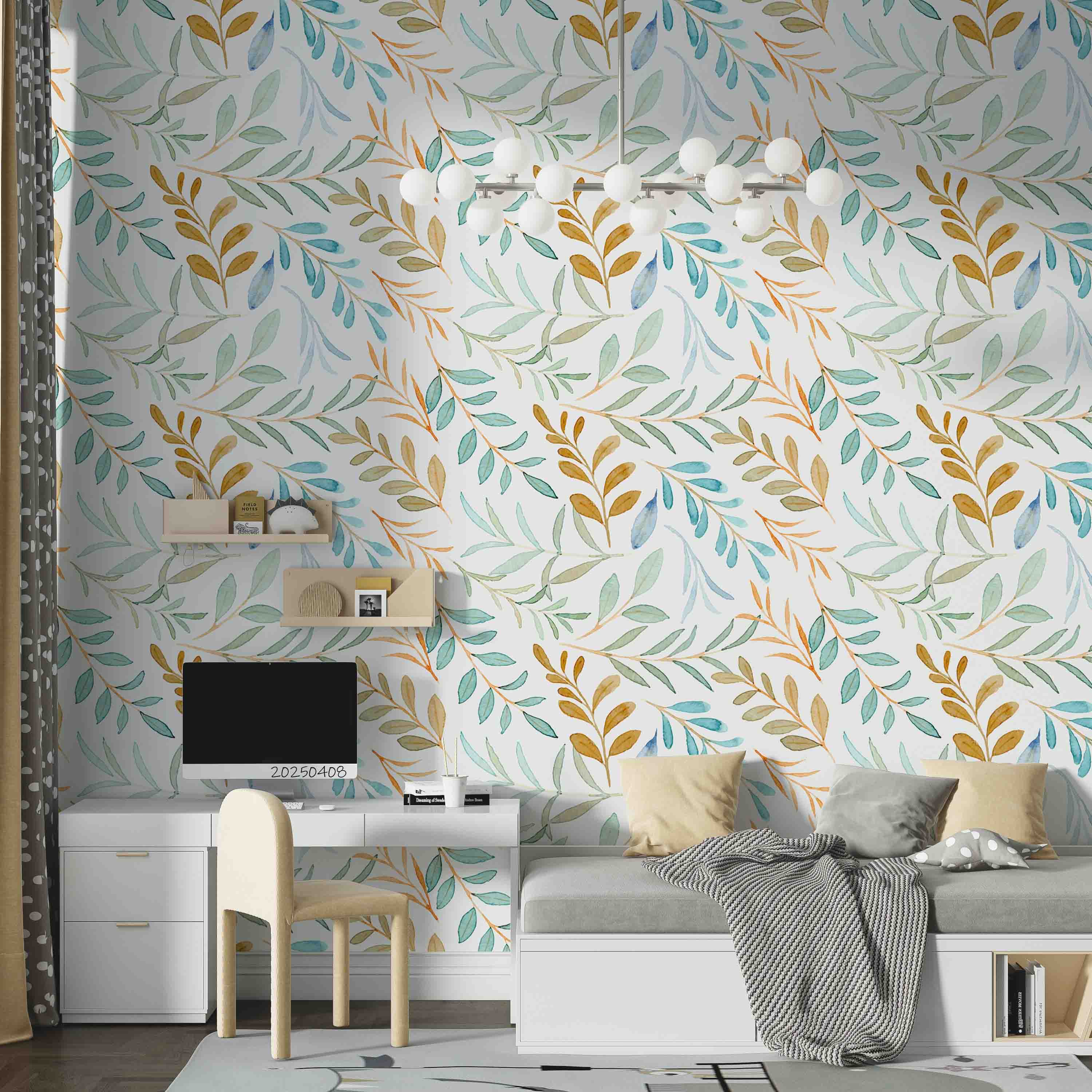 3D Watercolor Blue Brown Leaf Pattern Wallpaper Wall Mural Wall Decor Wall Art Wall Sticker Remoable Wallpaper