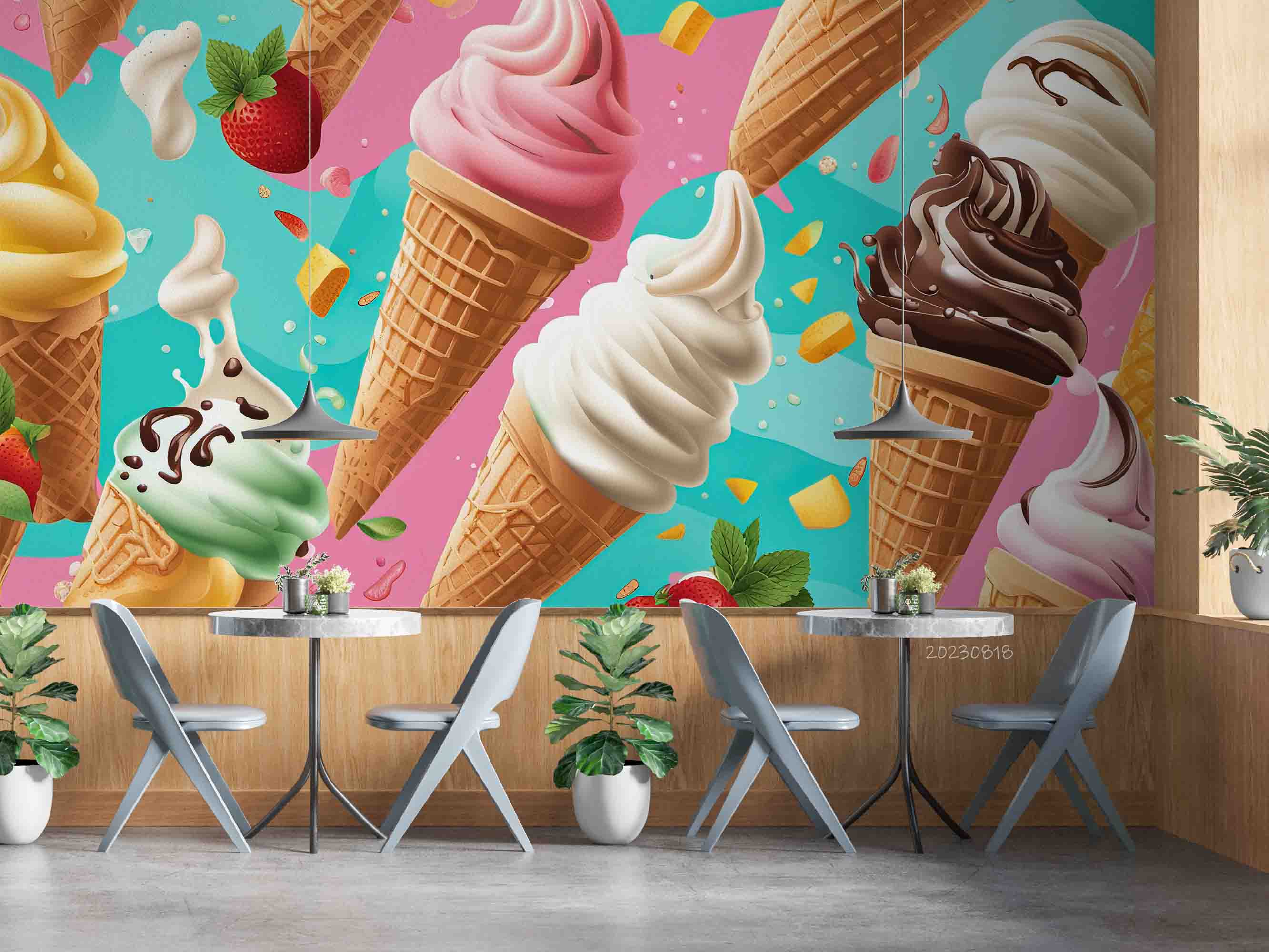 3D Ice Cream Strawberry Blue Wall Mural Wallpaper YXL 2336