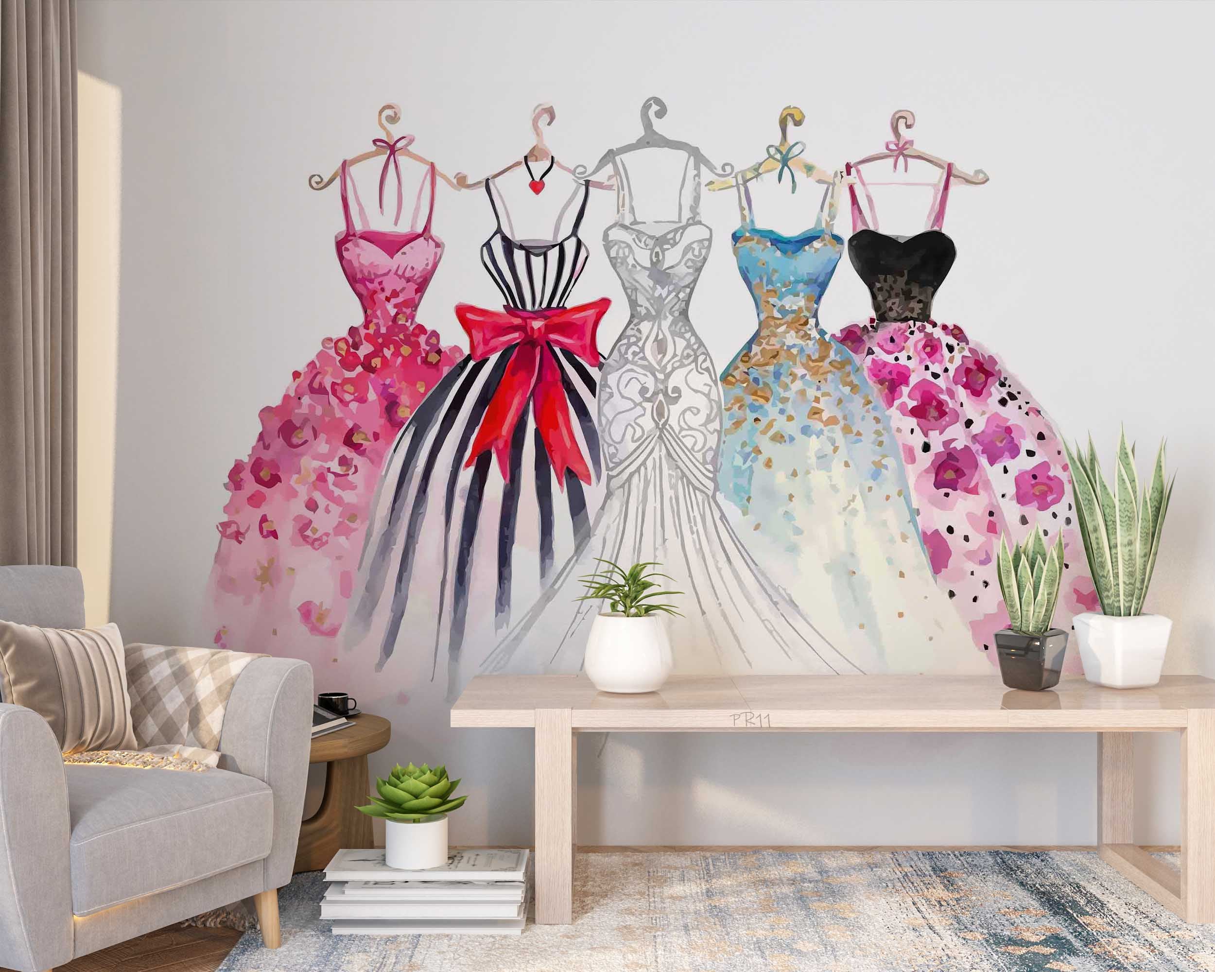 3D Watercolor Fashion Dress Illustration Wall Mural Wallpaper GD 4876- Jess Art Decoration