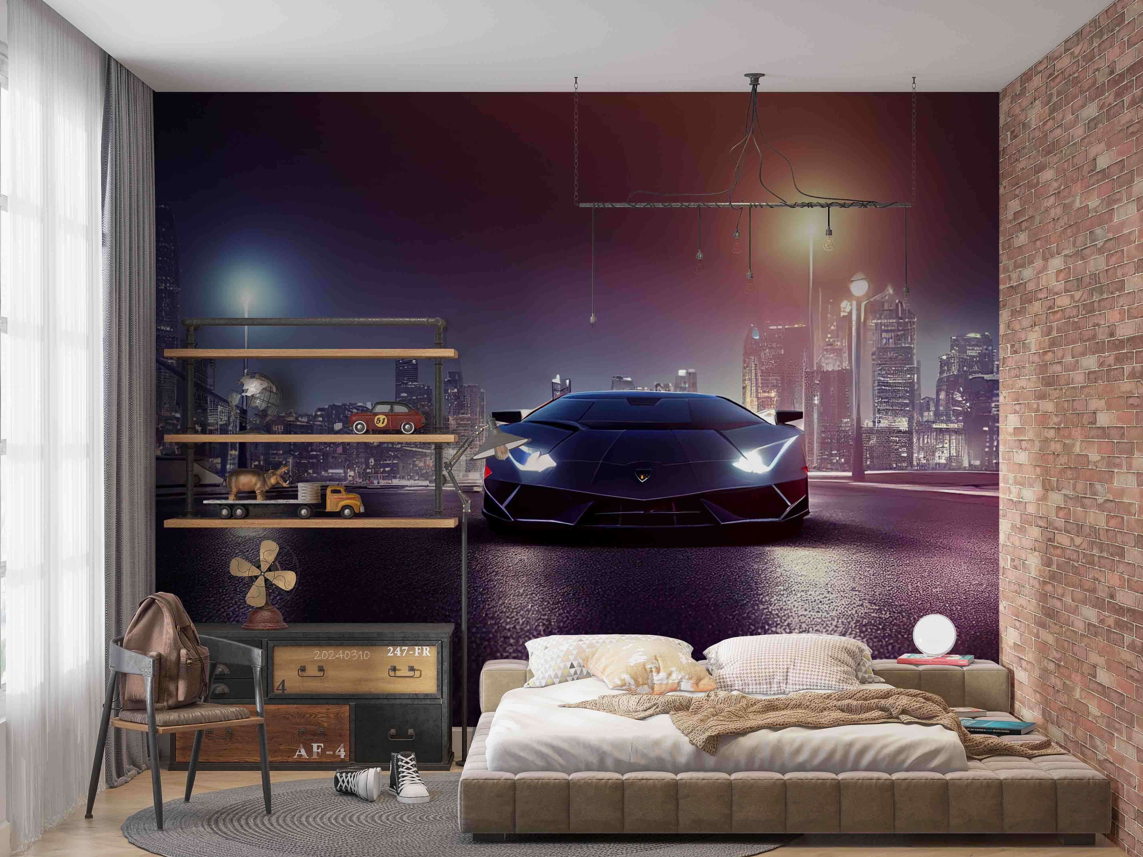 3D Black Sports Car City Night Scene Wallpaper Wall Mural Wall Decor Wall Art Wall Sticker Remoable Wallpaper