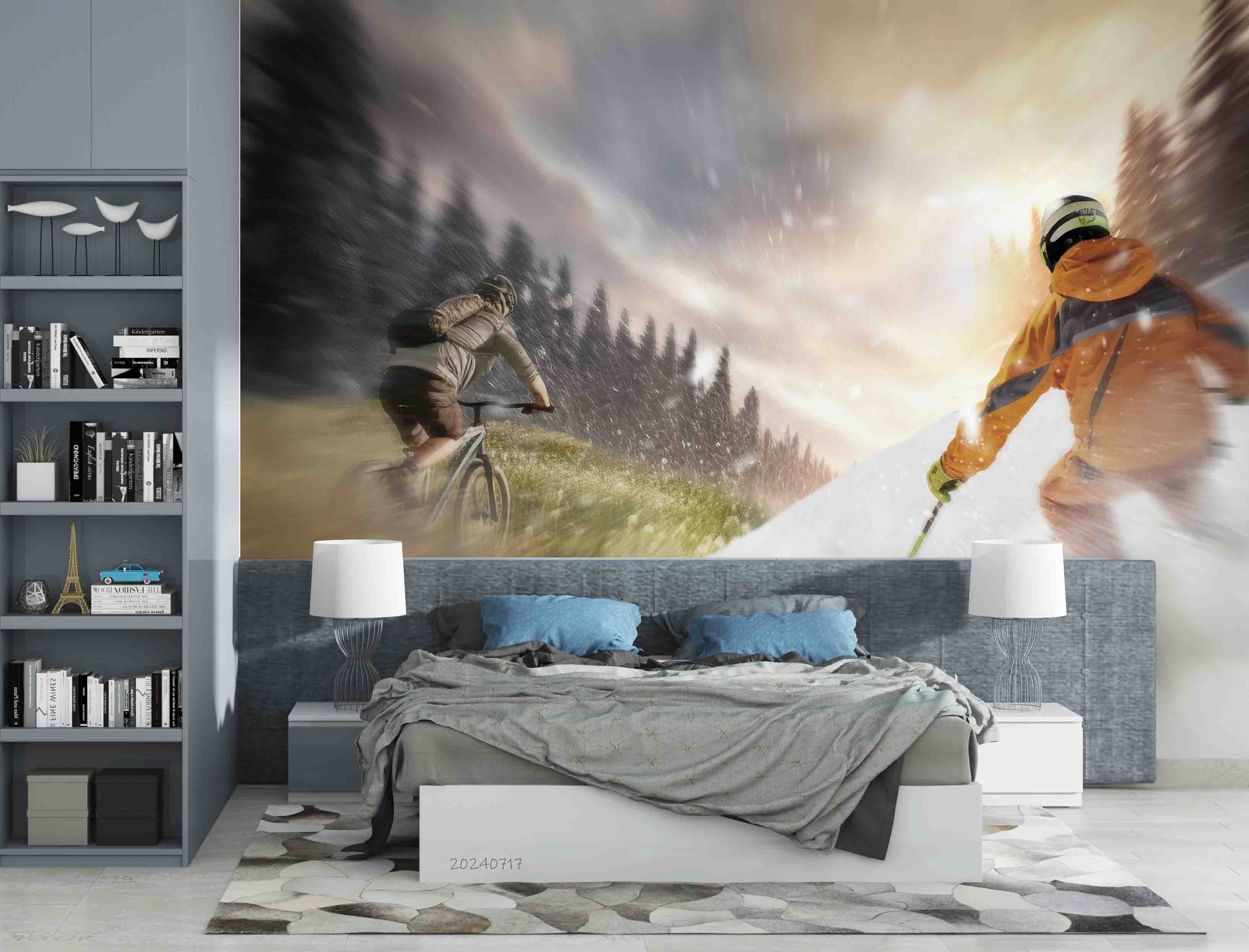 3D Tree Skiing Person Snow White Wall Mural Wallpaper YXL 90