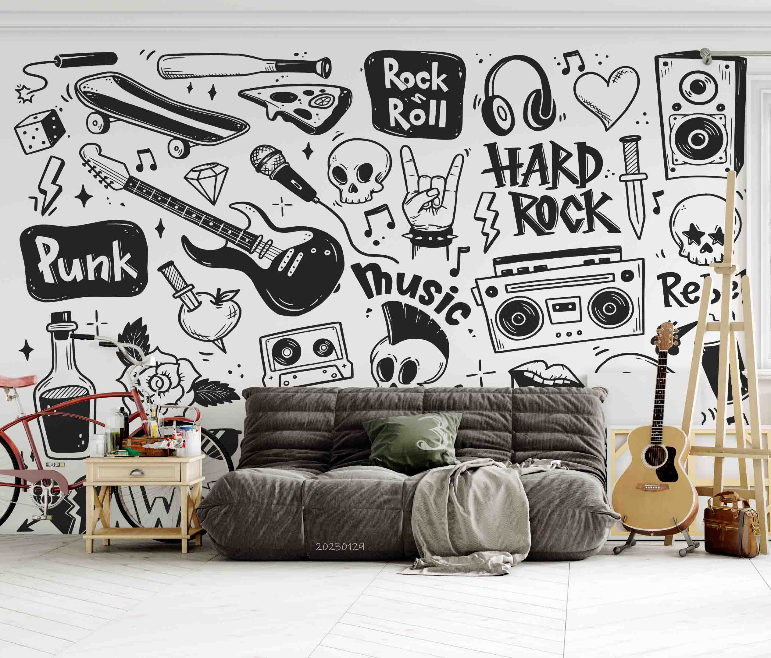 3D Graffiti Tape Skull Guitar Organ Floral Loudspeaker Box Black Wall Mural Wallpaper YXL 09- Jess Art Decoration