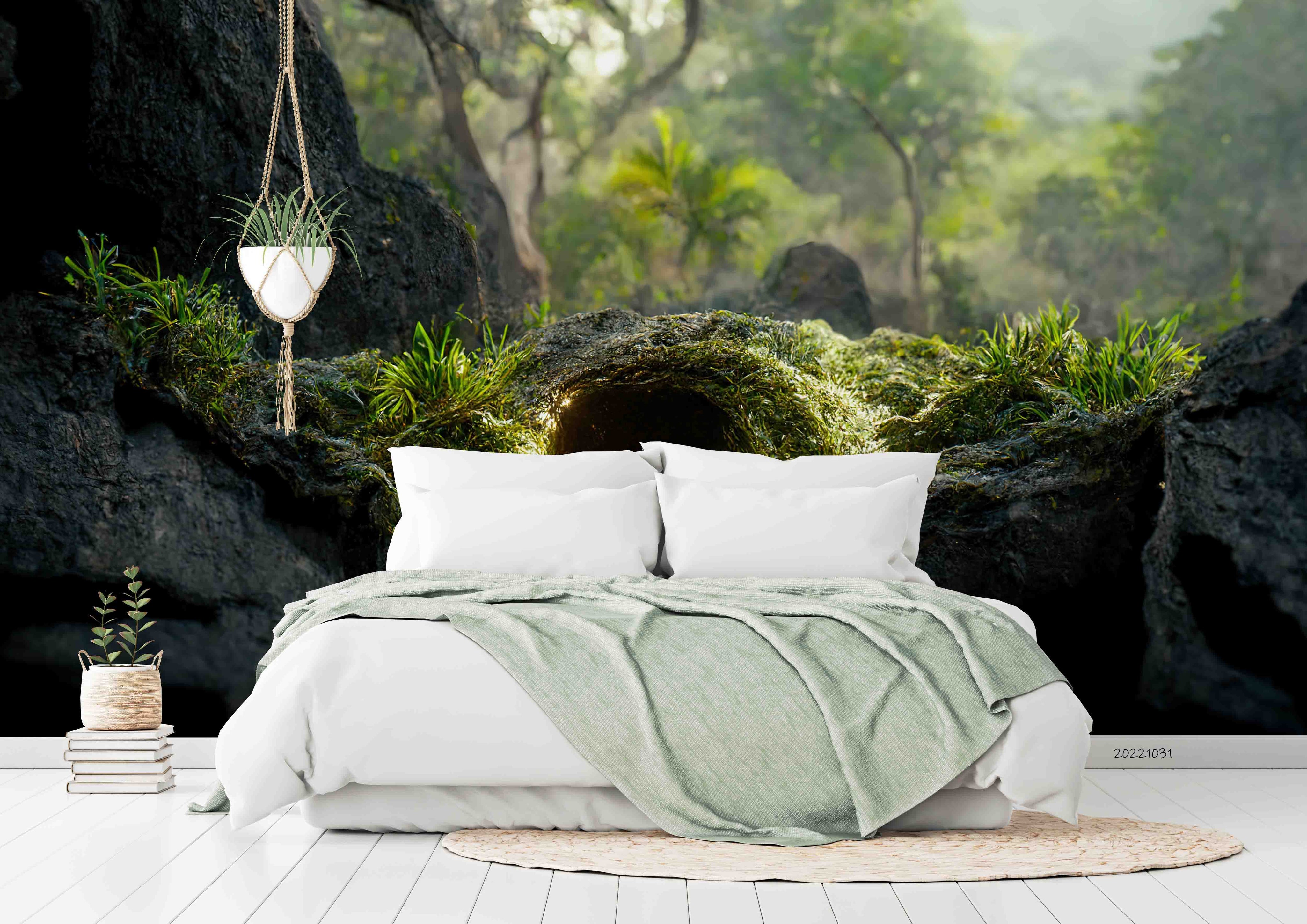 3D Jungle Cave Entrance Rocks Green Trees Grass Moss Wall Mural Wallpaper GD 3073- Jess Art Decoration
