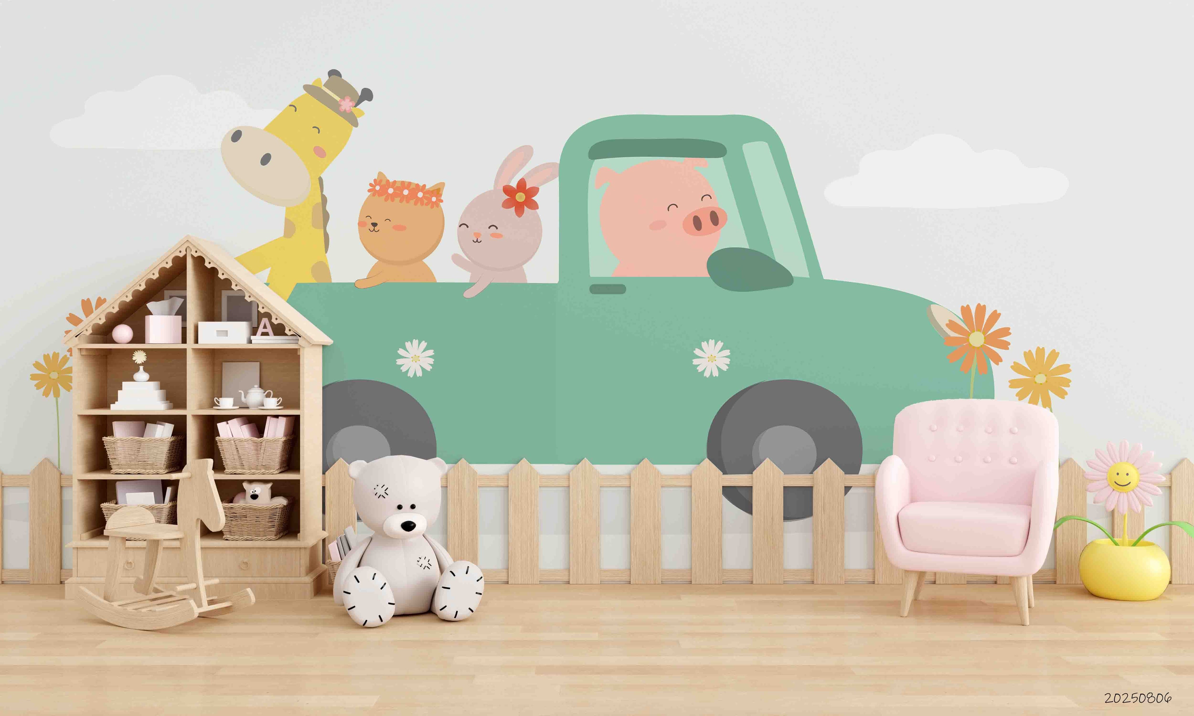 3D Childcare Nursery School Cartoon Kids Animals Car Wall Mural Wallpaper JN