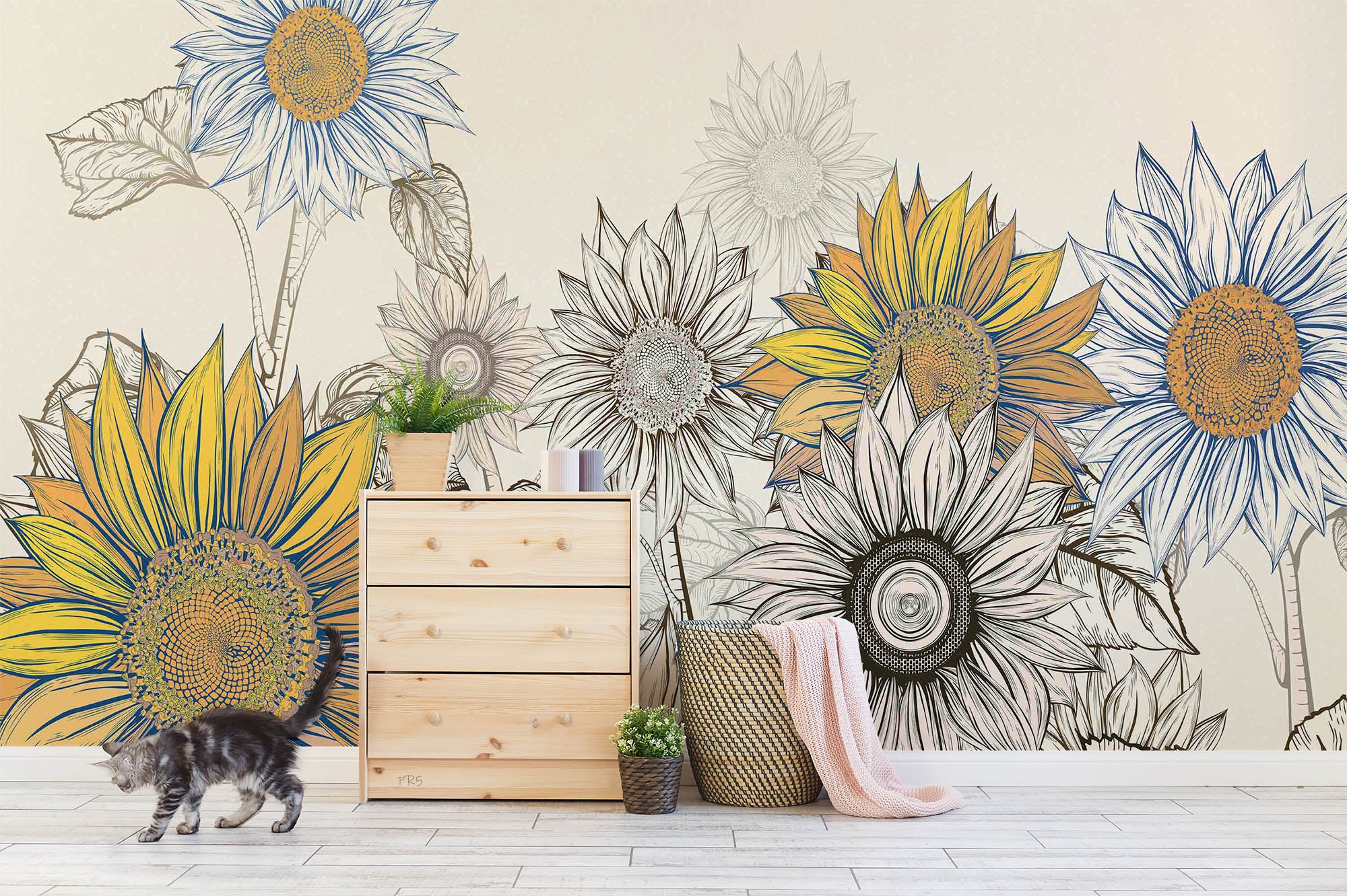 3D Freehand Sketching Sunflower Leaf Wall Mural Wallpaper YXL 2855