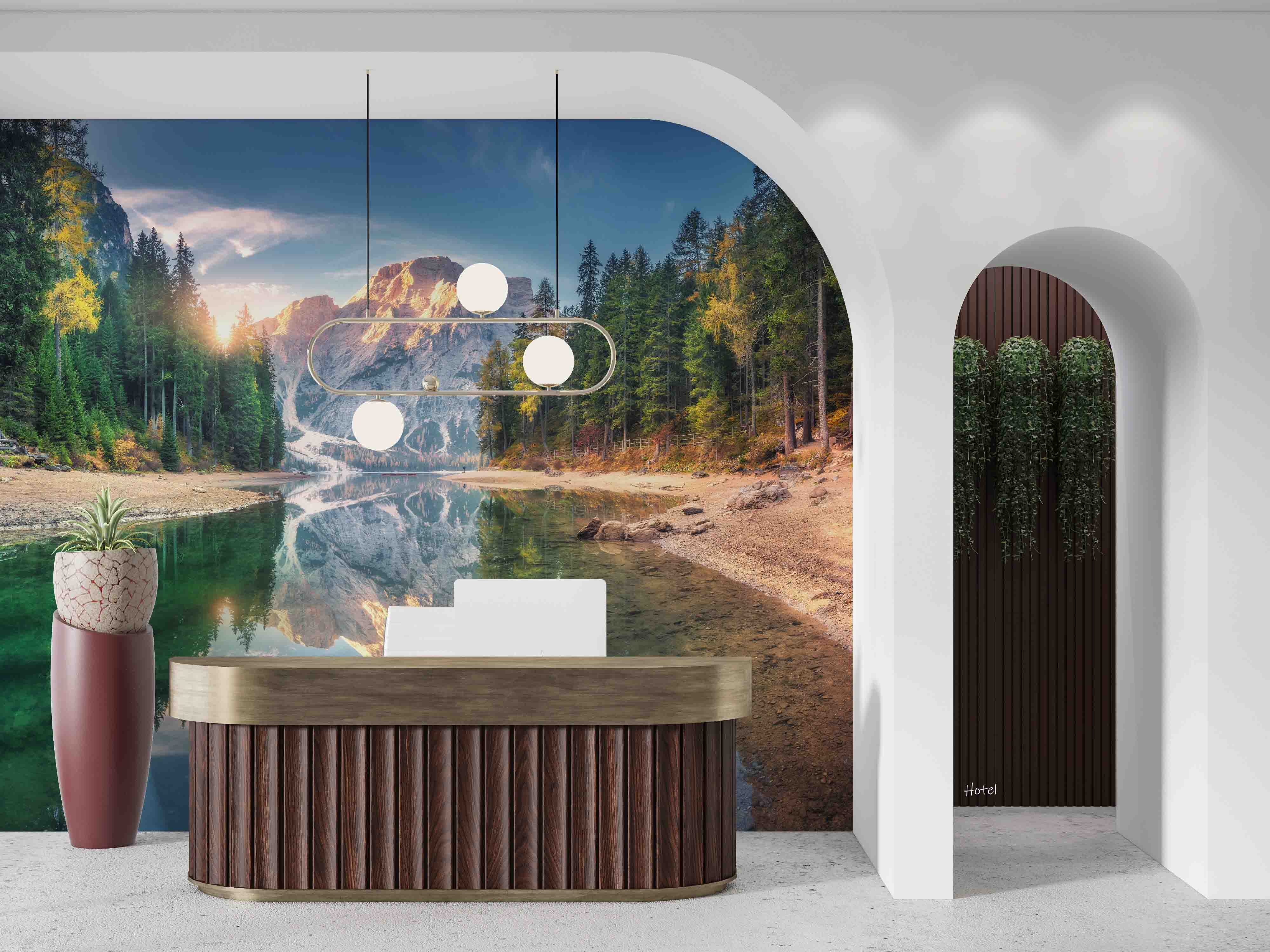 3D Hotel Inn Motel Hostel Resort Manor Scenery Mountains River Wall Mural Wallpaper 26