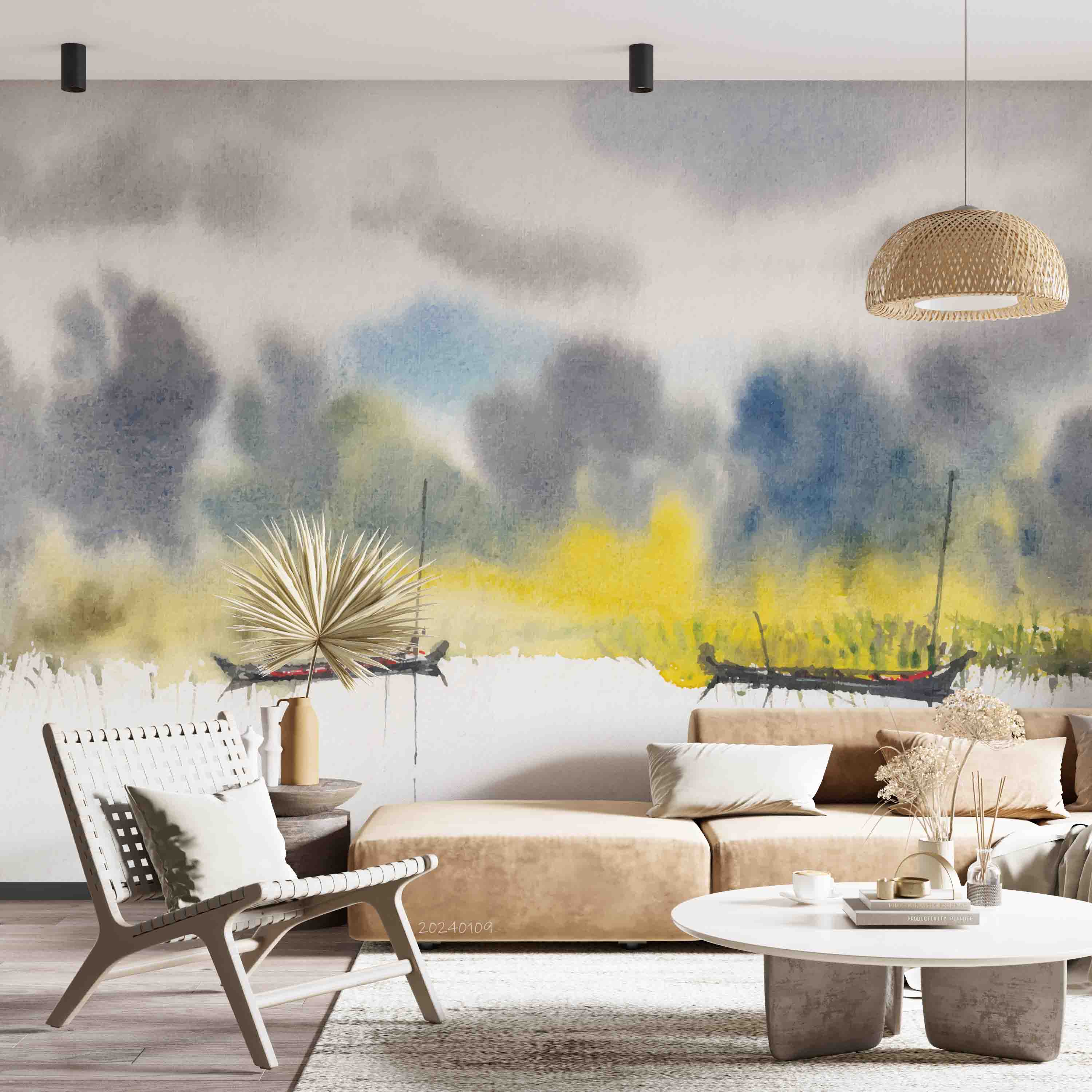 3D Oil Painting Tree Sea Grassland Ship Cloud Sky Wall Mural Wallpaper YXL 142