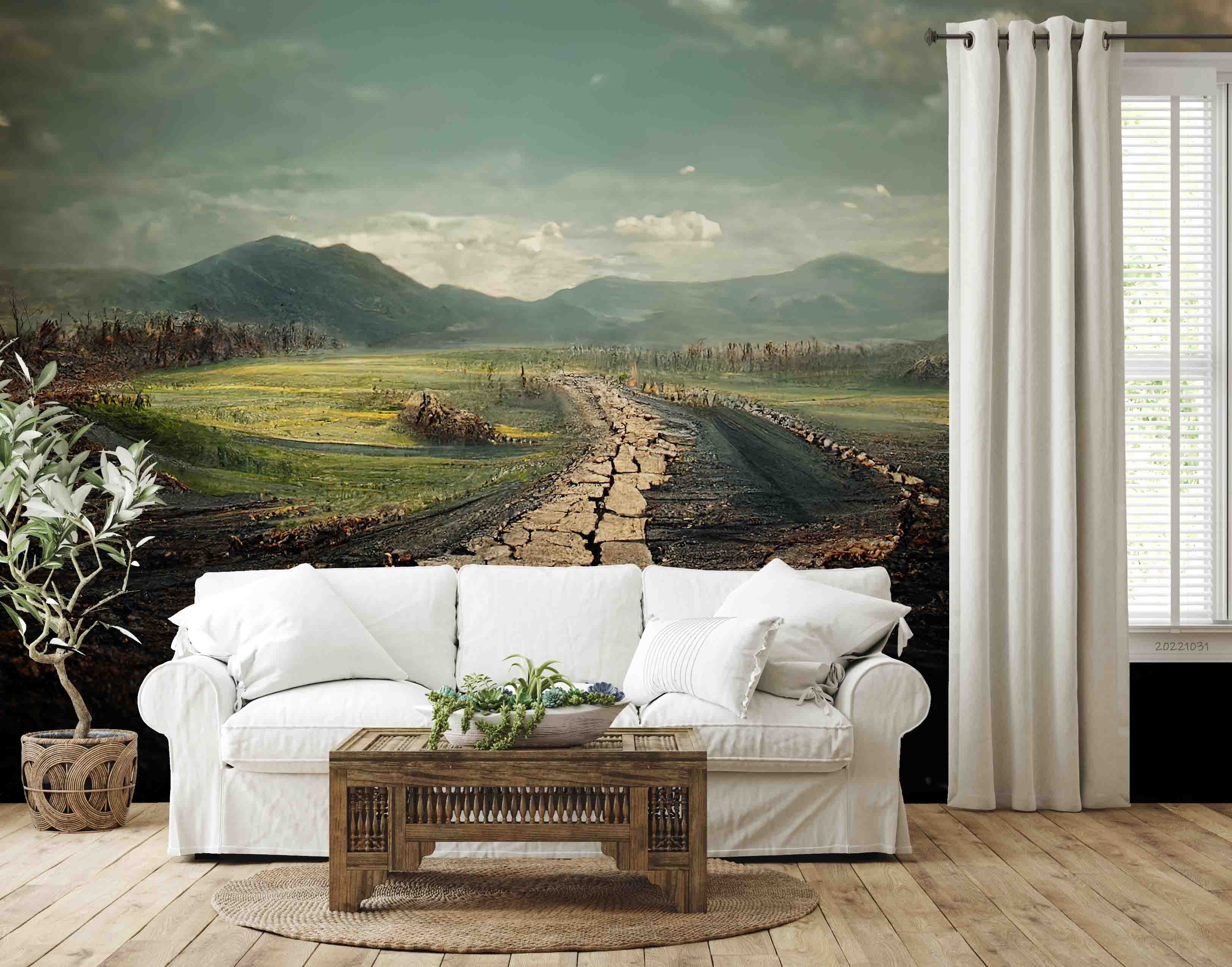3D Dilapidated Road Holes and Cracks Green Fields Mountains Horizon Wall Mural Wallpaper GD 3053- Jess Art Decoration