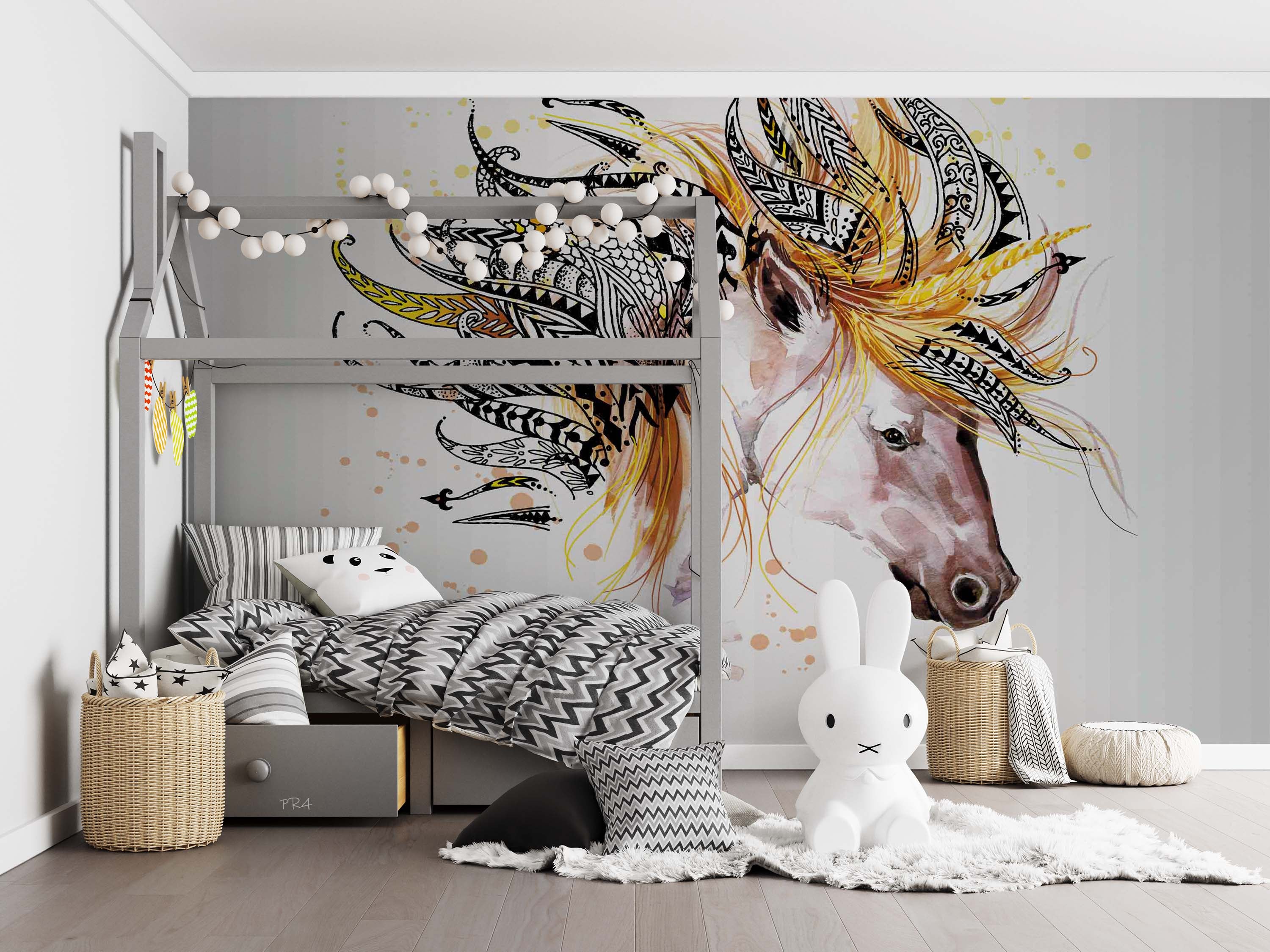 3D Watercolor Horse Colorful Feather Wall Mural Wallpaper GD 3993- Jess Art Decoration