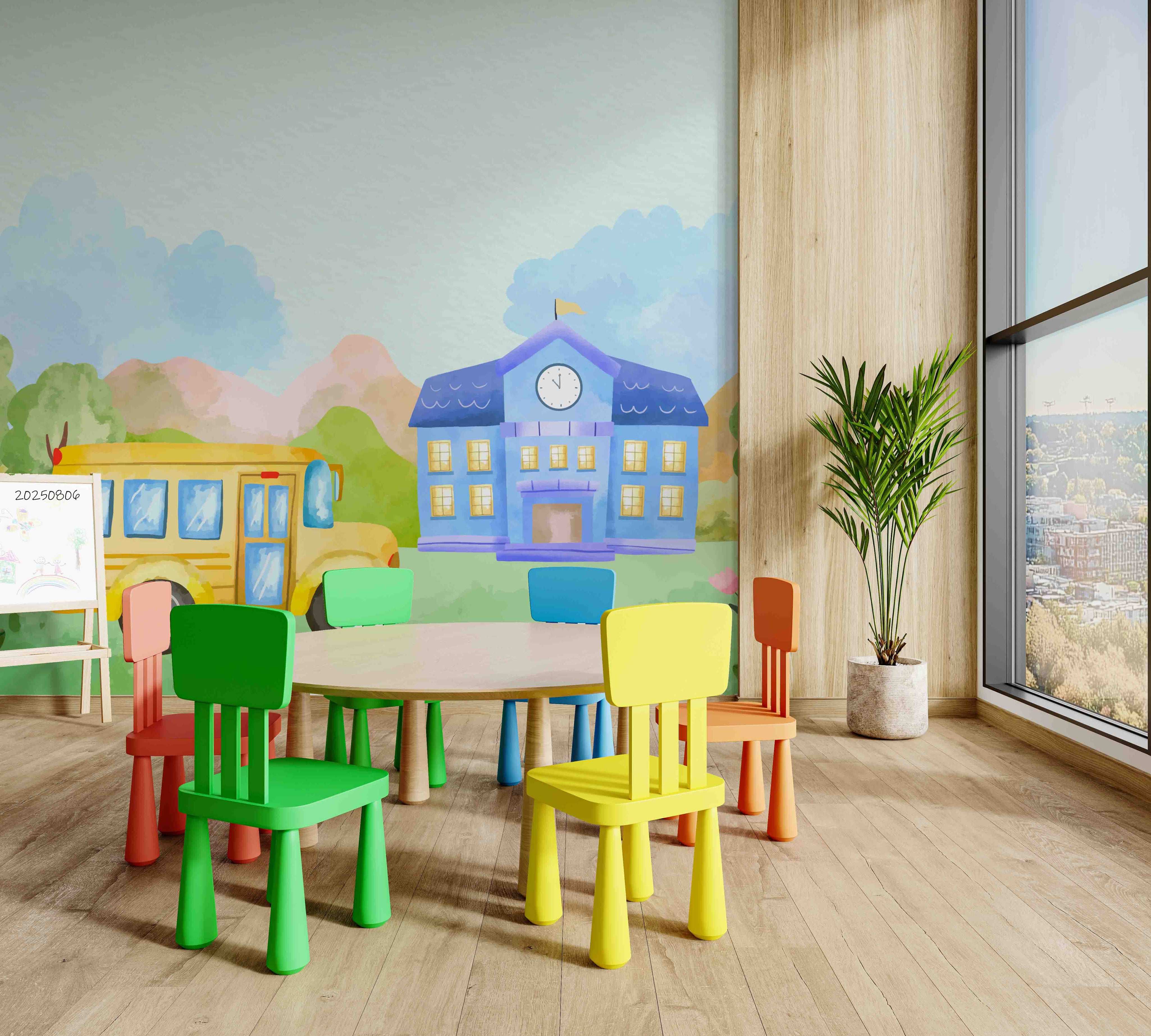 3D Childcare Nursery School Cartoon Bus School Wall Mural Wallpaper JN