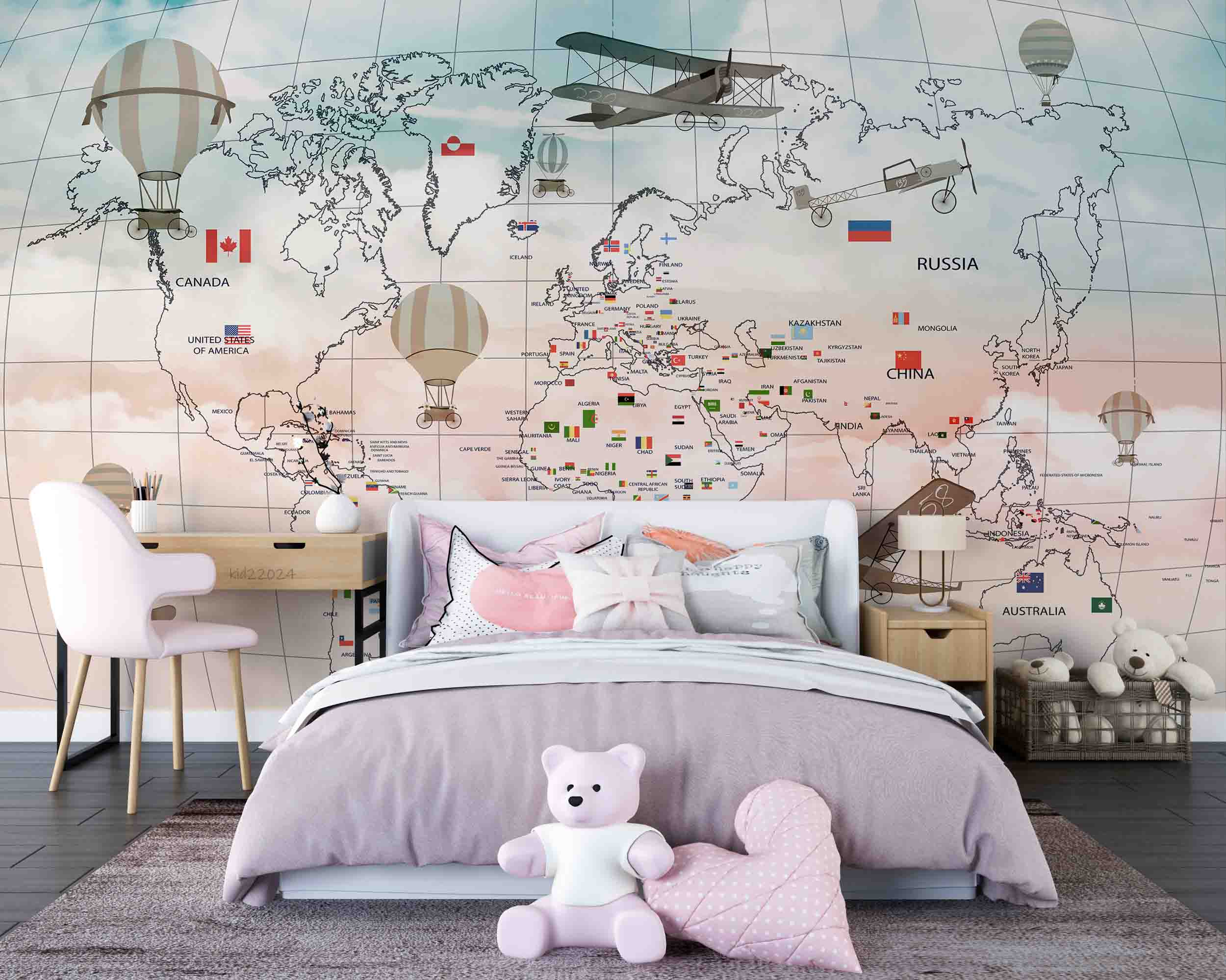 3D World Map Hydrogen Balloon Aircraft Rectangle Wall Mural Wallpaper YXL 357