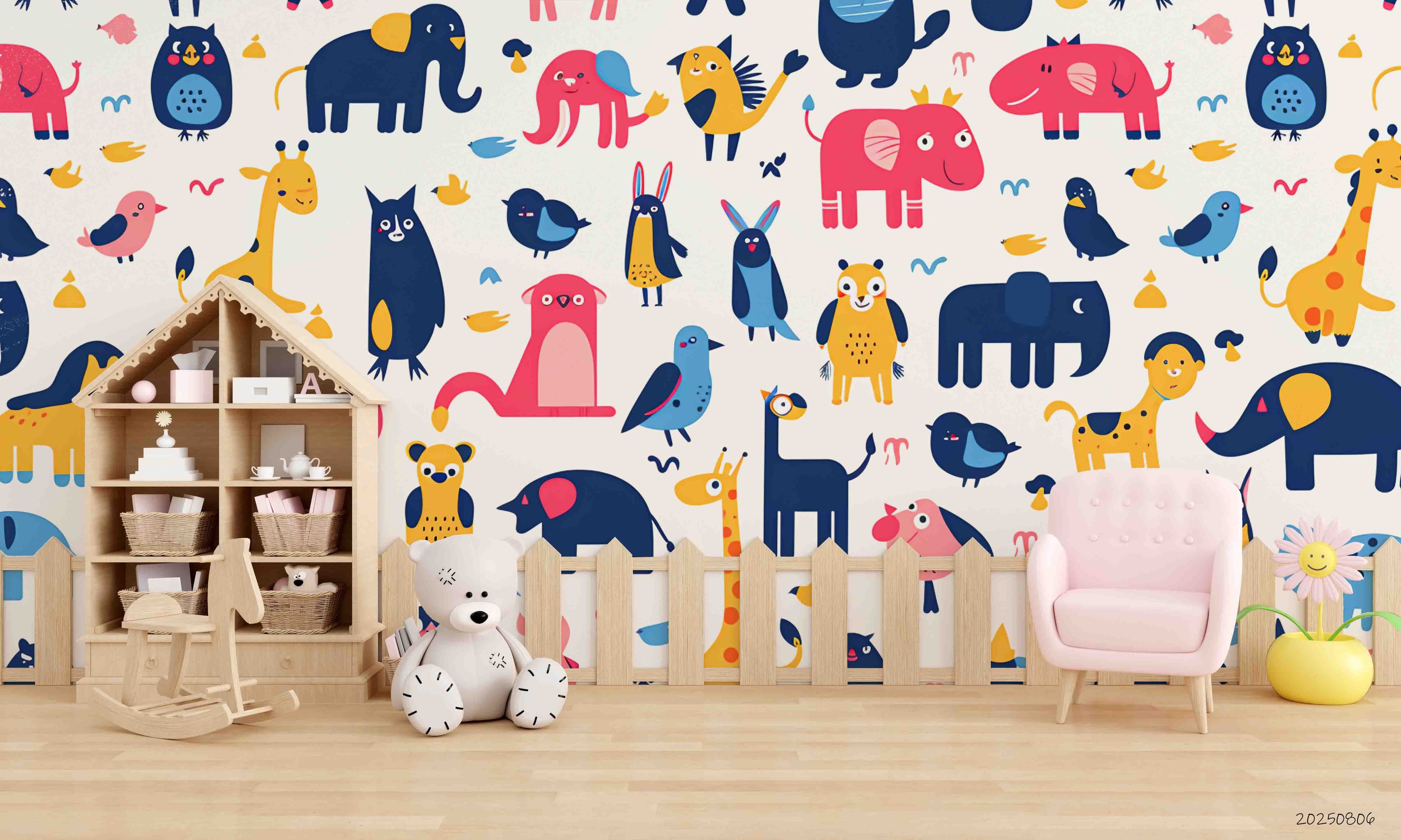 3D Childcare Nursery School Cartoon Animals Kids Pattern Wall Mural Wallpaper JN