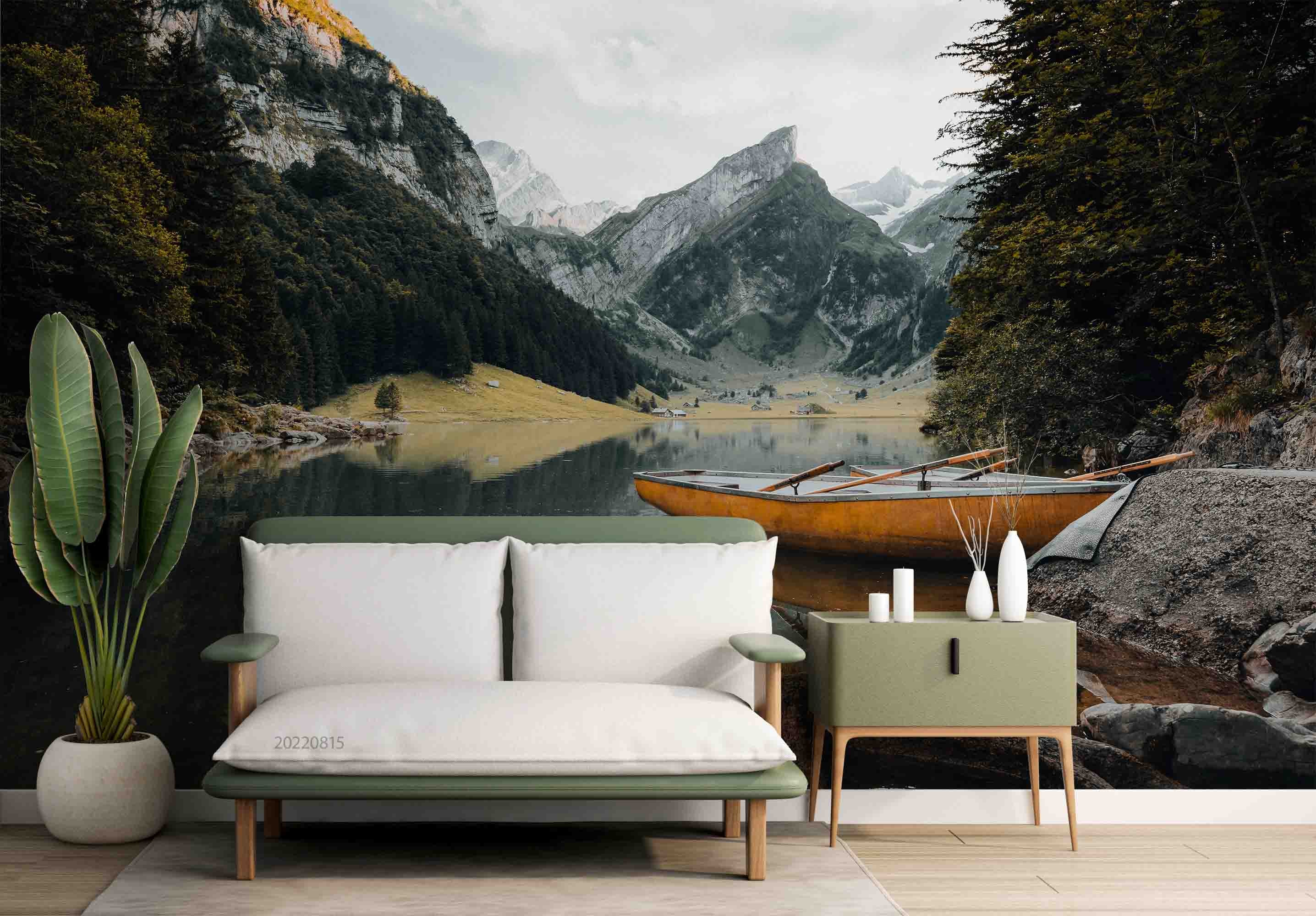 3D Mountain River Trees Boat Landscape Wall Mural Wallpaper GD 2939- Jess Art Decoration