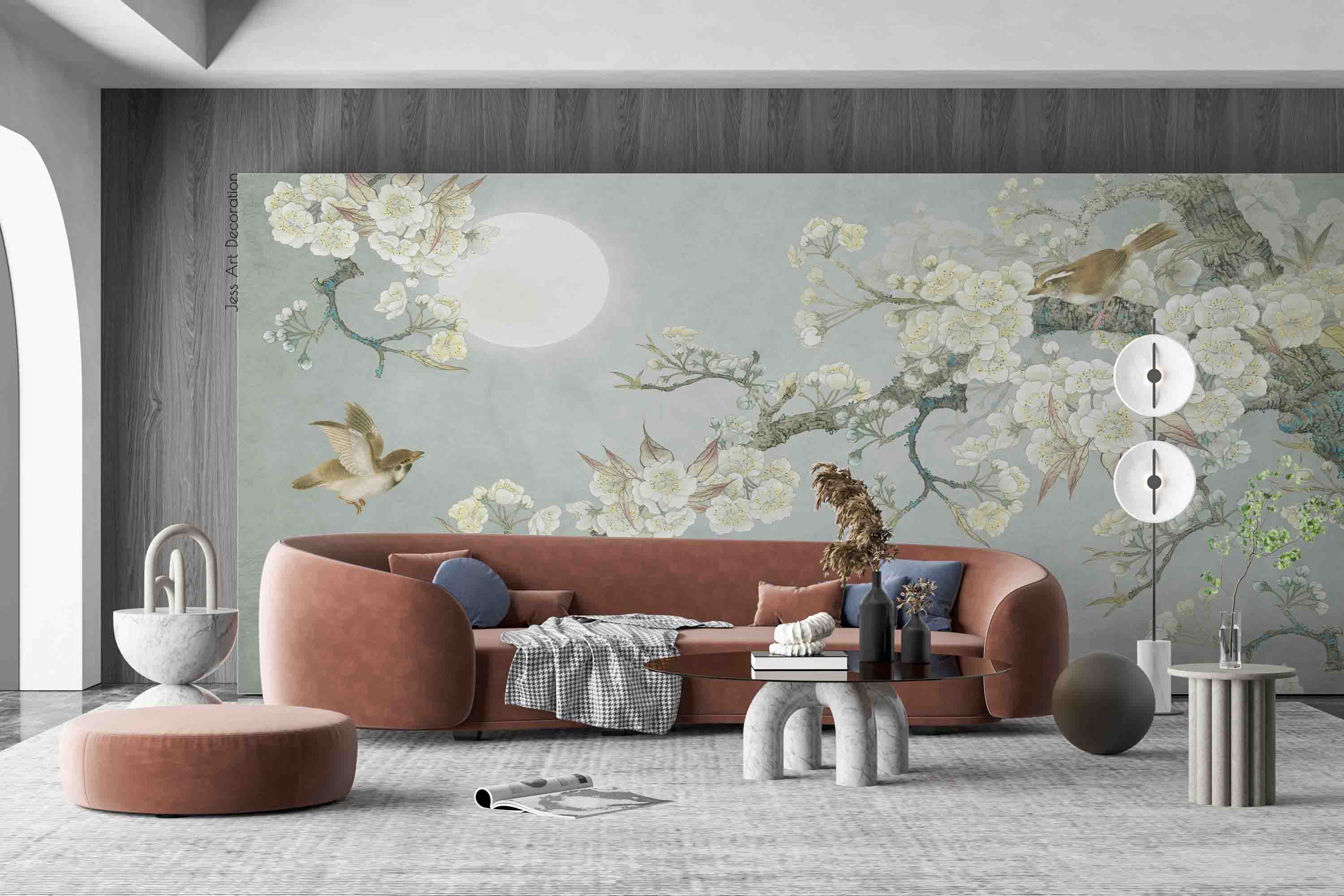 3D Vintage Branch Peach Blossom Bird Moon Wall Mural Wallpaper GD 3988- Jess Art Decoration