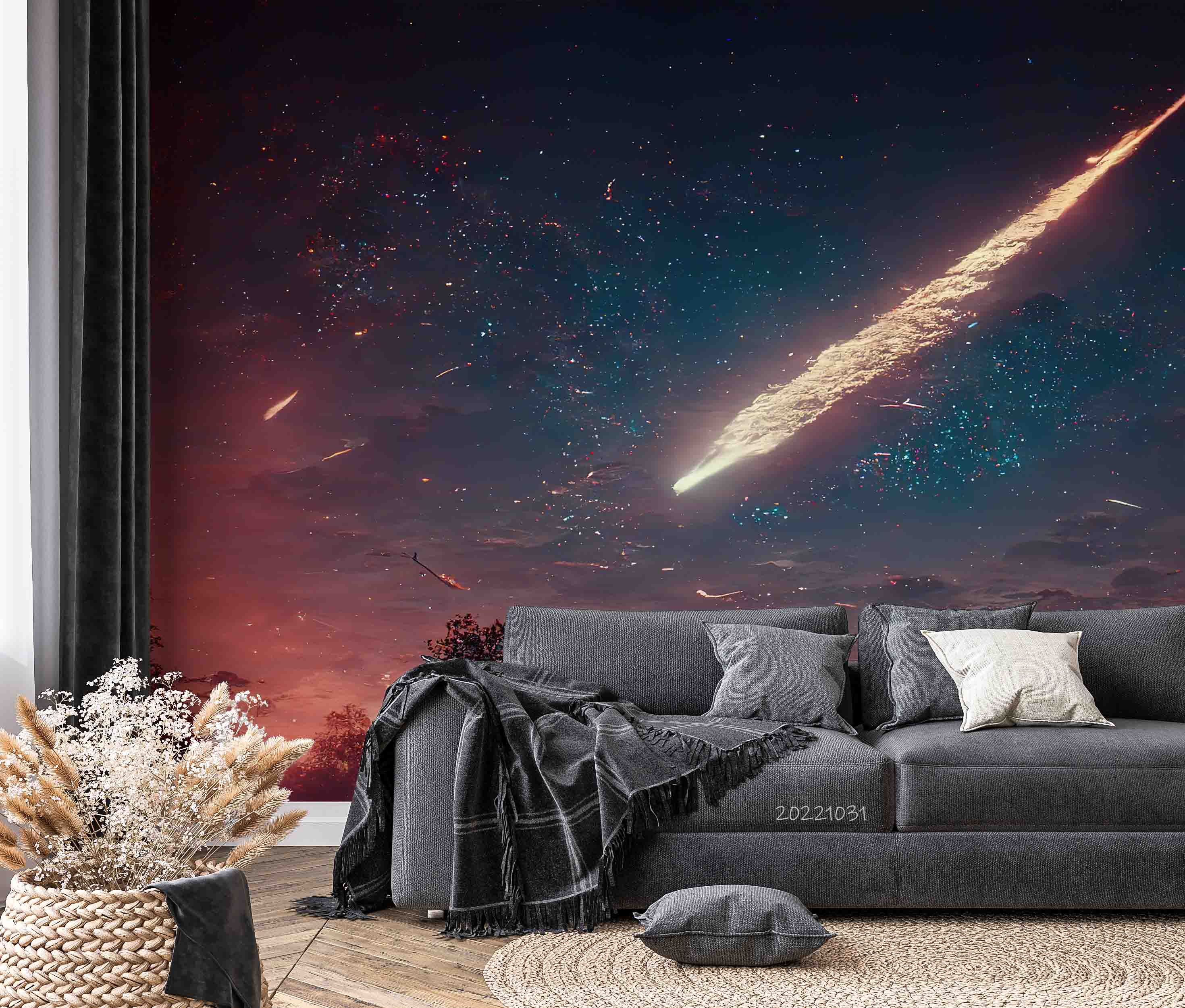 3D Comet Flying Over Dark Night Sky Forest Silhouette Wall Mural Wallpaper GD 3101- Jess Art Decoration