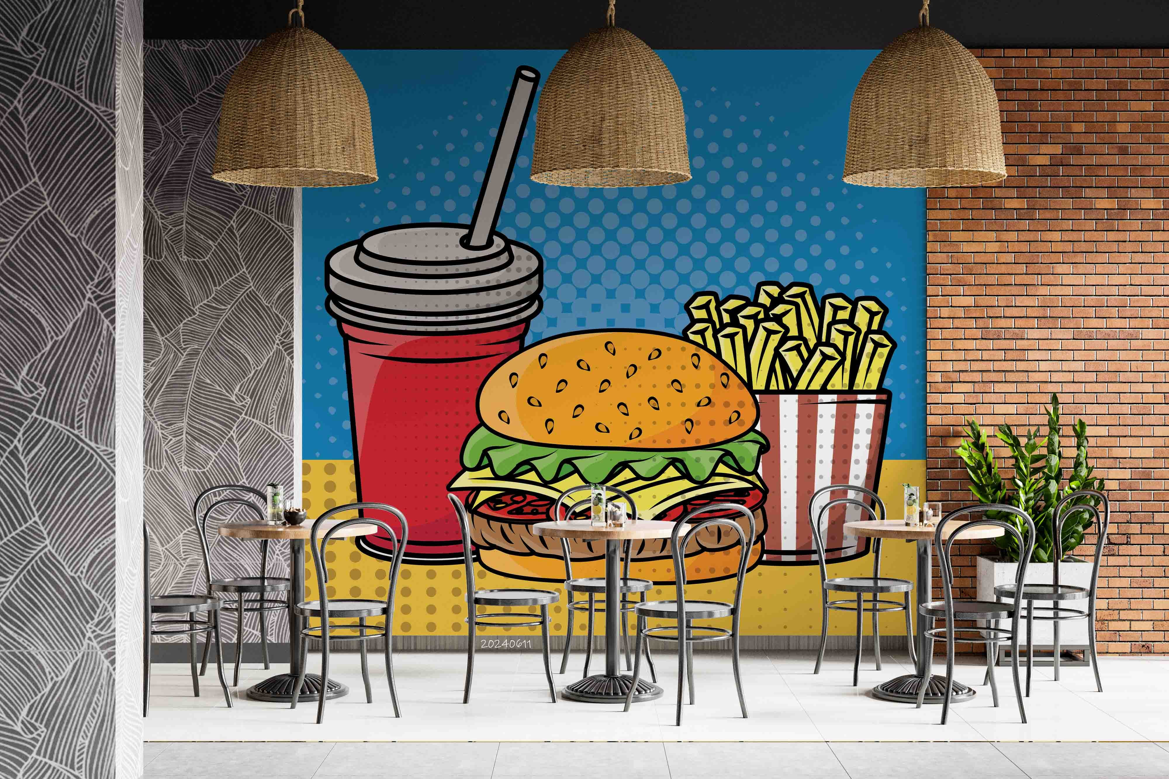 3D Hamburger Chips Drinks Blue Wall Mural Wallpaper YXL 278