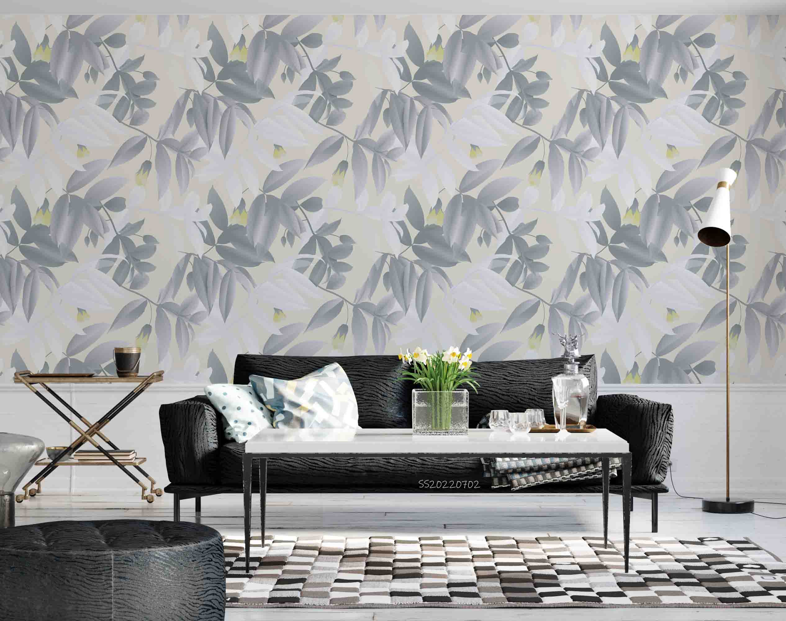 3D Green White Leaves Yellow Floral Light Yellow Background Wall Mural Wallpaper GD 5141- Jess Art Decoration