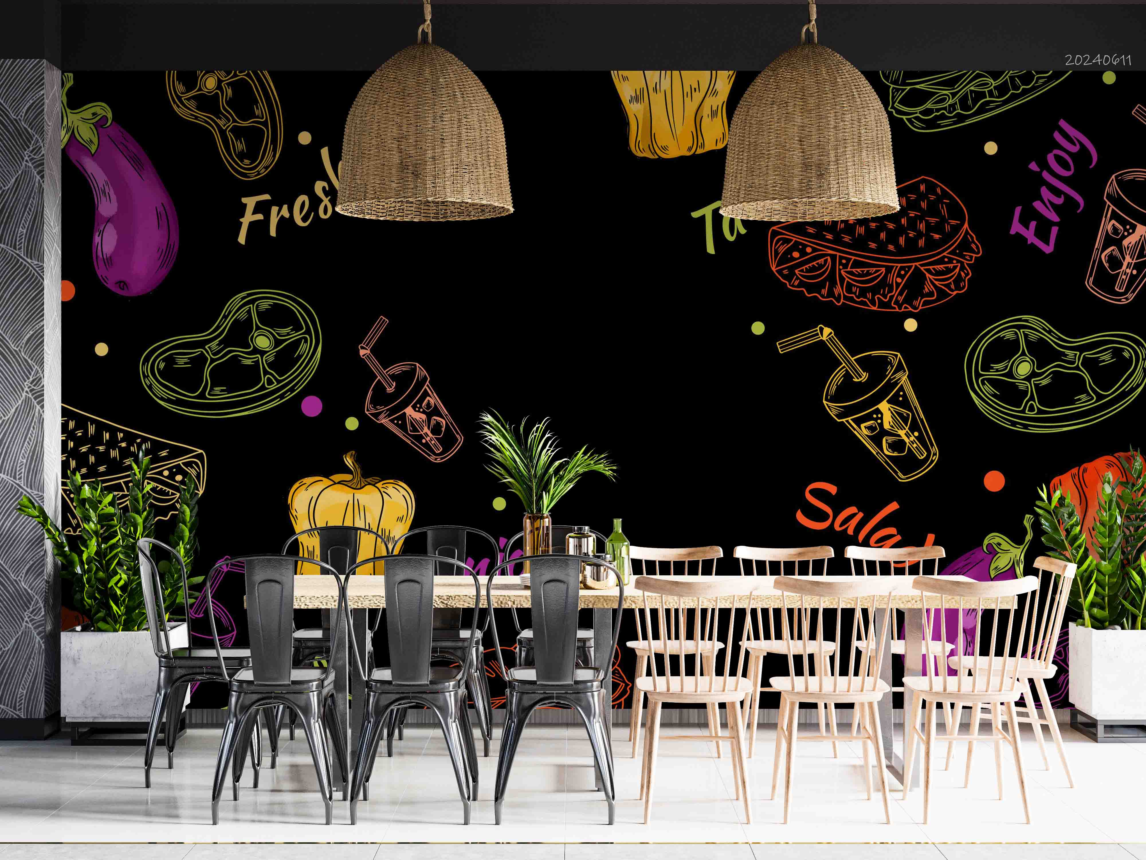 3D Hamburger Pizza Chips Black Green Pepper Wall Mural Wallpaper YXL 302