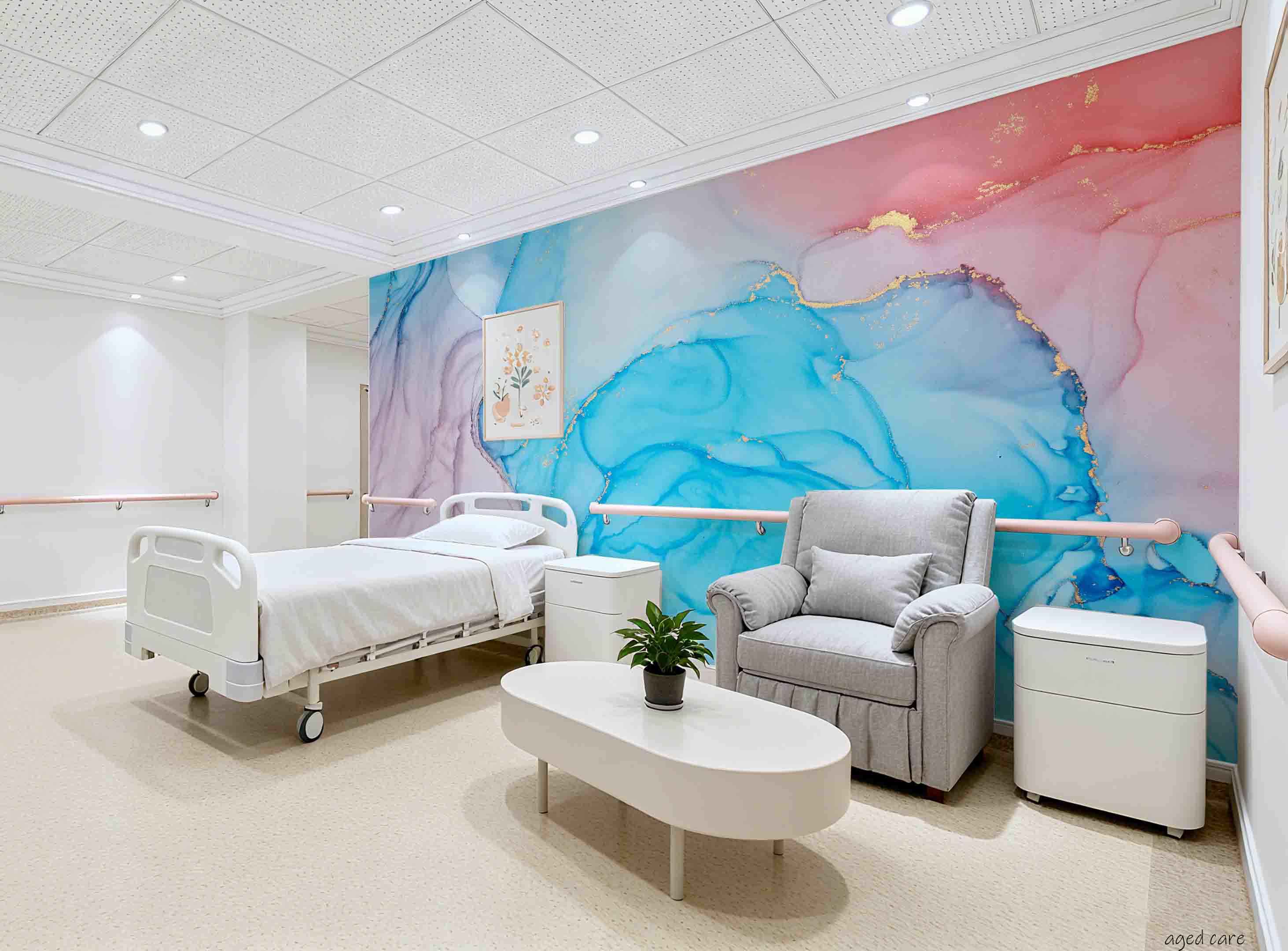 3D Aged Care Retirement Home Gerocomium Rest Home Marble Pink Blue Wall Mural Wallpaper 3
