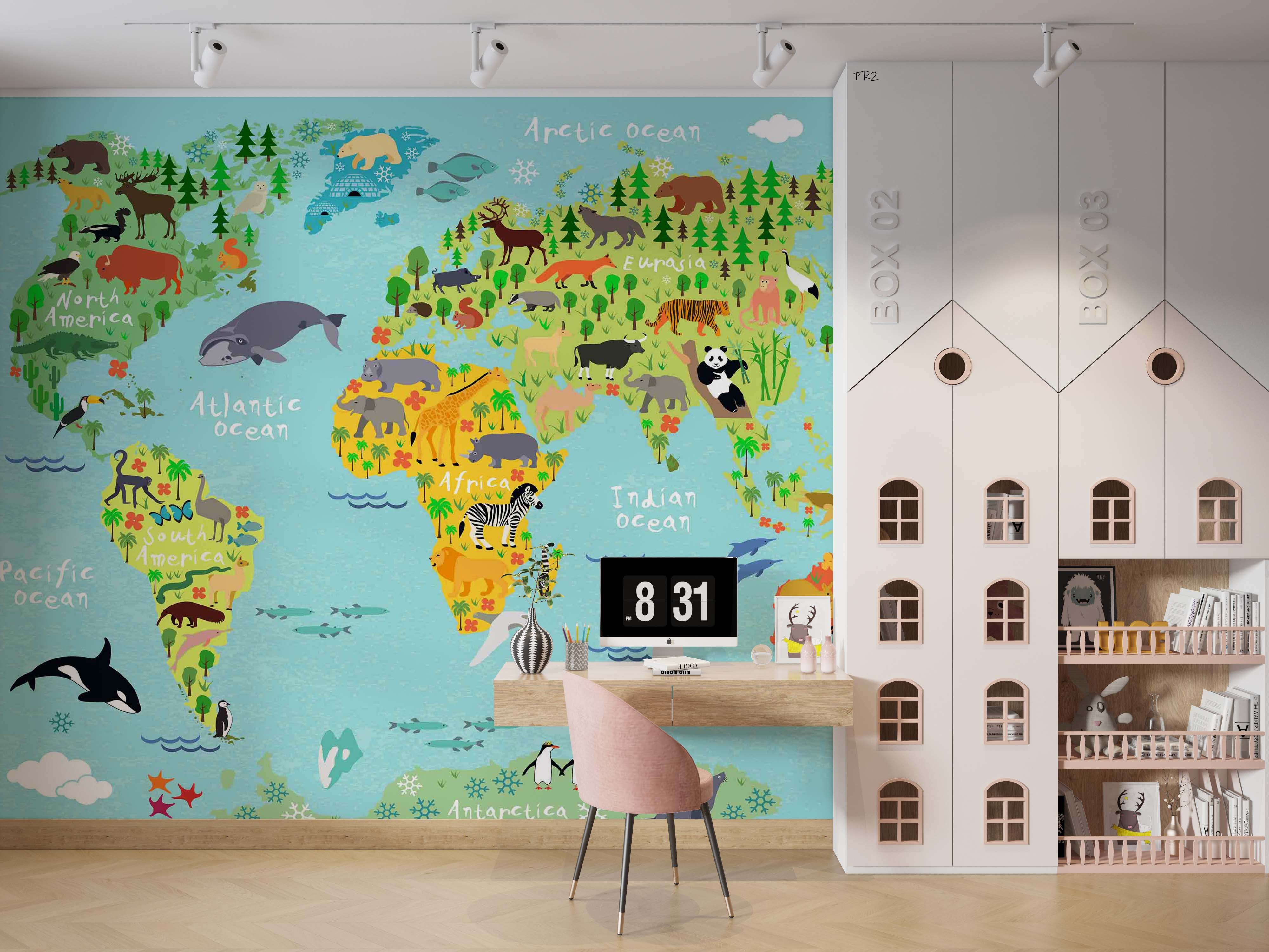 3D World Map Animals Trees Wall Mural Wallpaper GD 3776- Jess Art Decoration