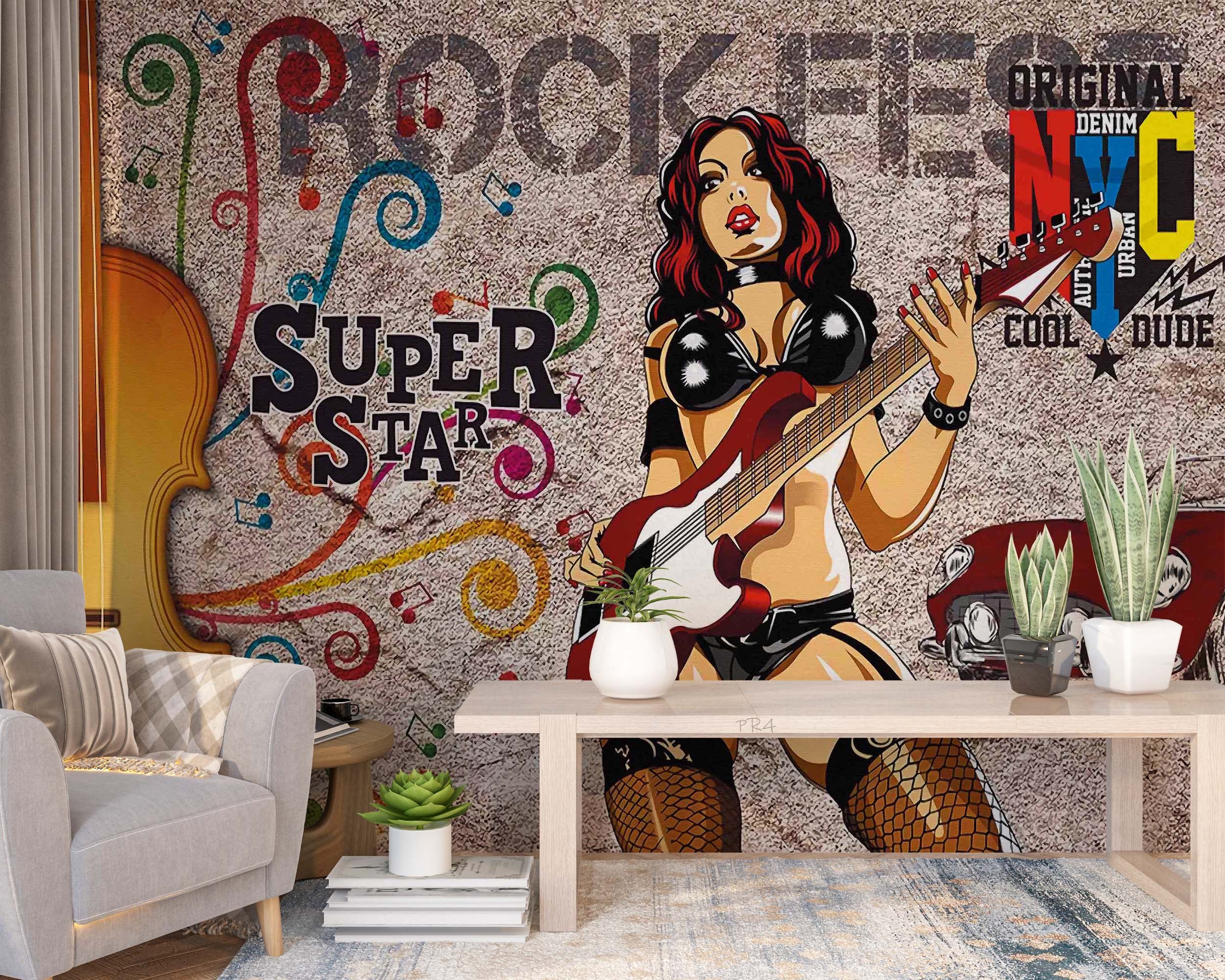 3D Abstract Art Graffiti Rock Women Singer Wall Mural Wallpaper GD 3926- Jess Art Decoration