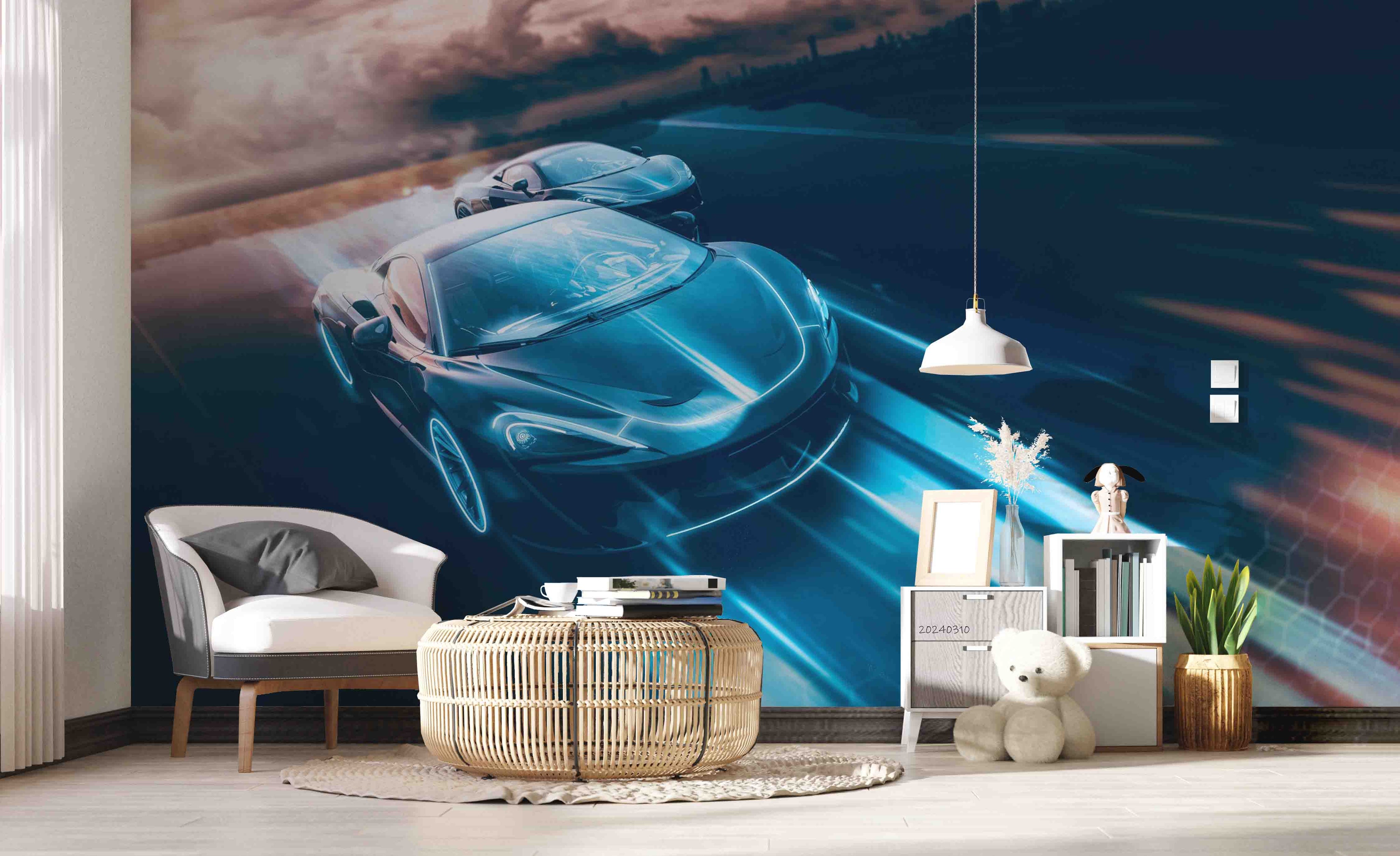 3D Blue Sports Car Wallpaper Wall Mural Wall Decor Wall Art Wall Sticker Remoable Wallpaper