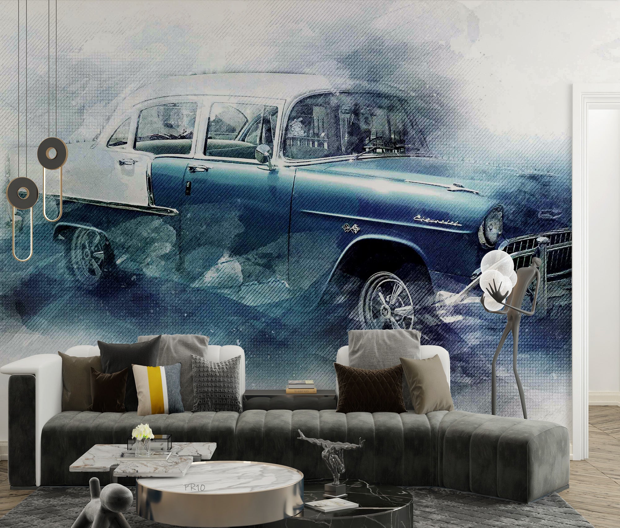 3D Vintage Blue Car Wall Mural Wallpaper GD 4806- Jess Art Decoration