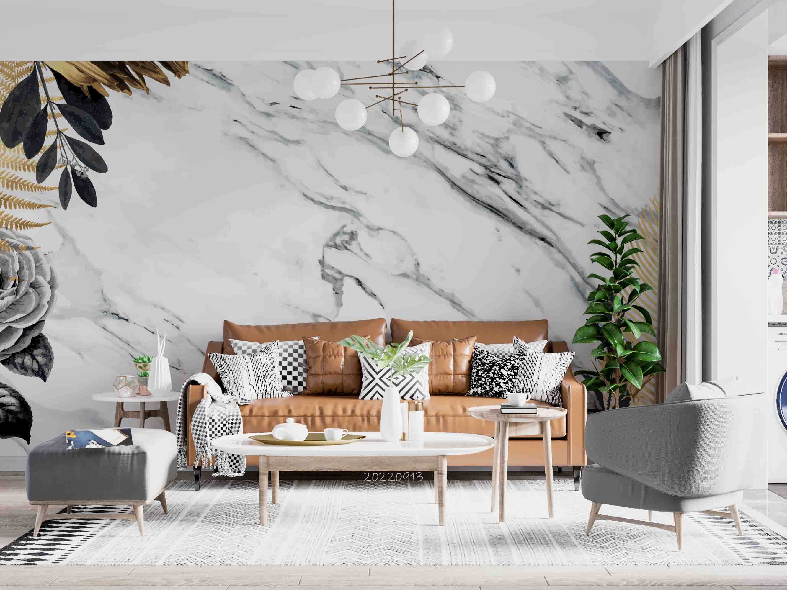 3D Black Gold Leaf Border White Marble Background Wall Mural Wallpaper GD 3582- Jess Art Decoration