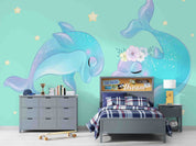 3D Cartoon Cute Dolphin Floral Star Wall Mural Wallpaper GD 4898- Jess Art Decoration