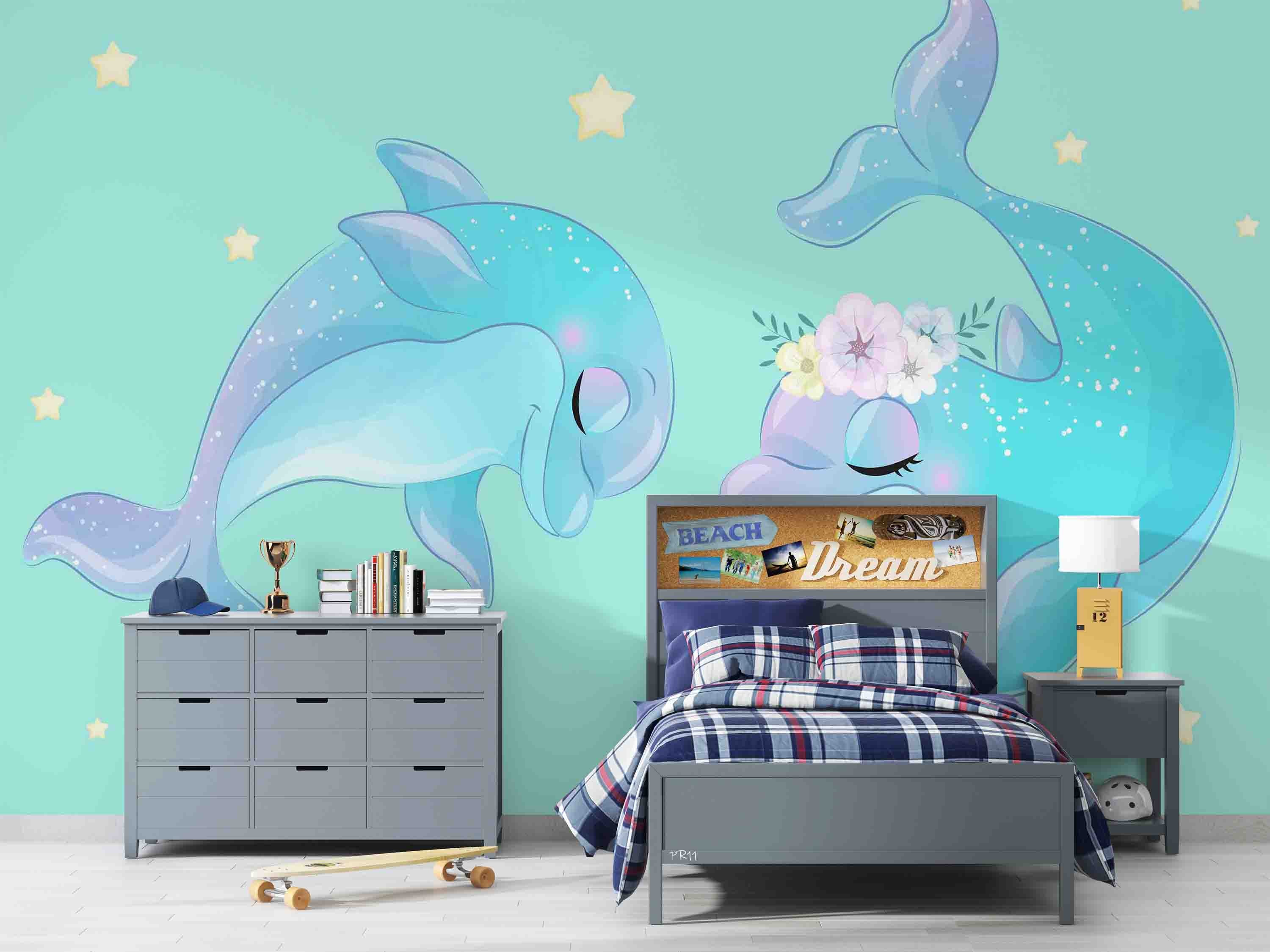 3D Cartoon Cute Dolphin Floral Star Wall Mural Wallpaper GD 4898- Jess Art Decoration