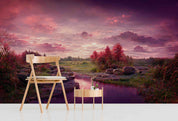 3D Sunset Green Field Pond Grass Rocks Conifer Purple Sky Wall Mural Wallpaper GD 3031- Jess Art Decoration