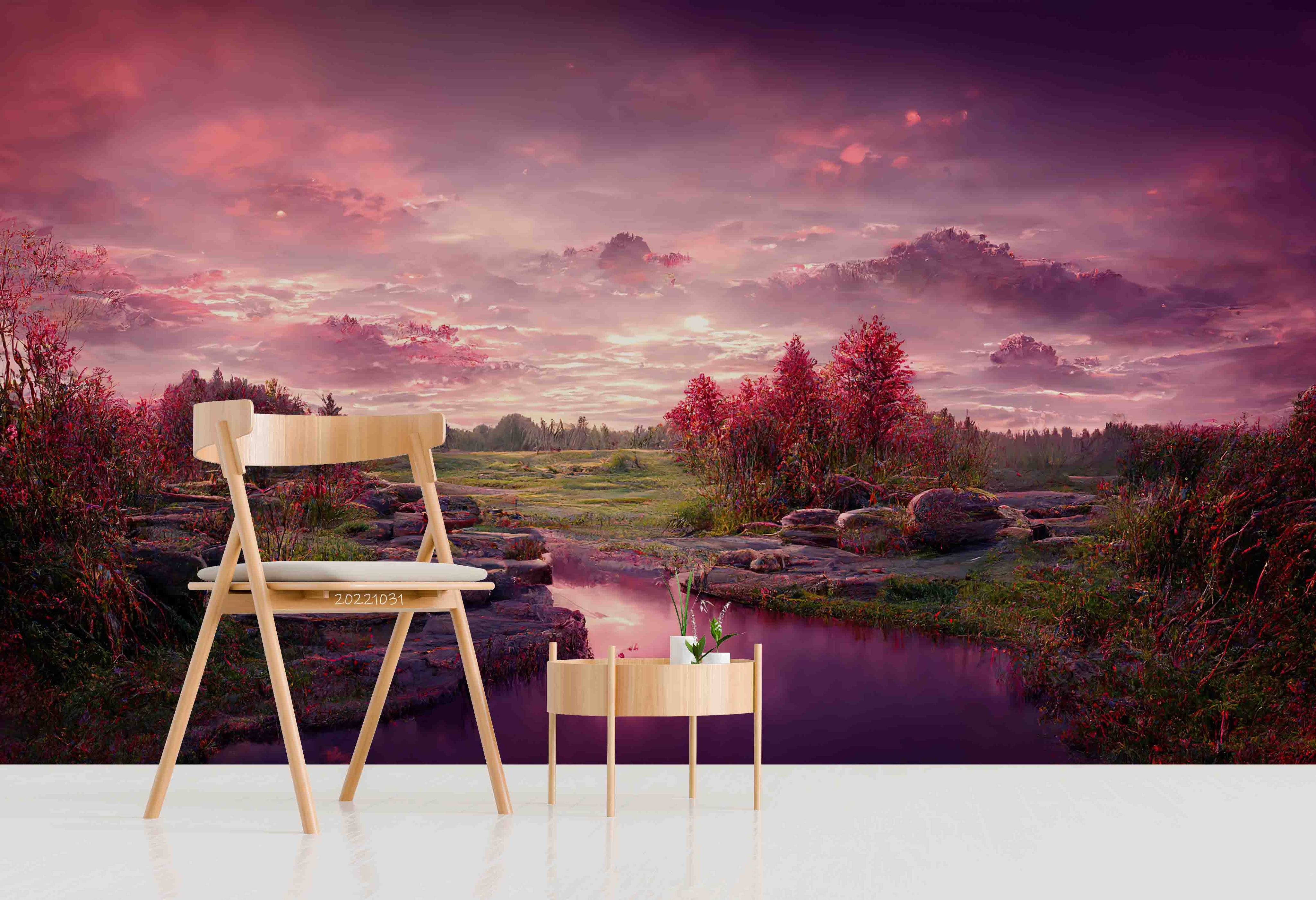 3D Sunset Green Field Pond Grass Rocks Conifer Purple Sky Wall Mural Wallpaper GD 3031- Jess Art Decoration