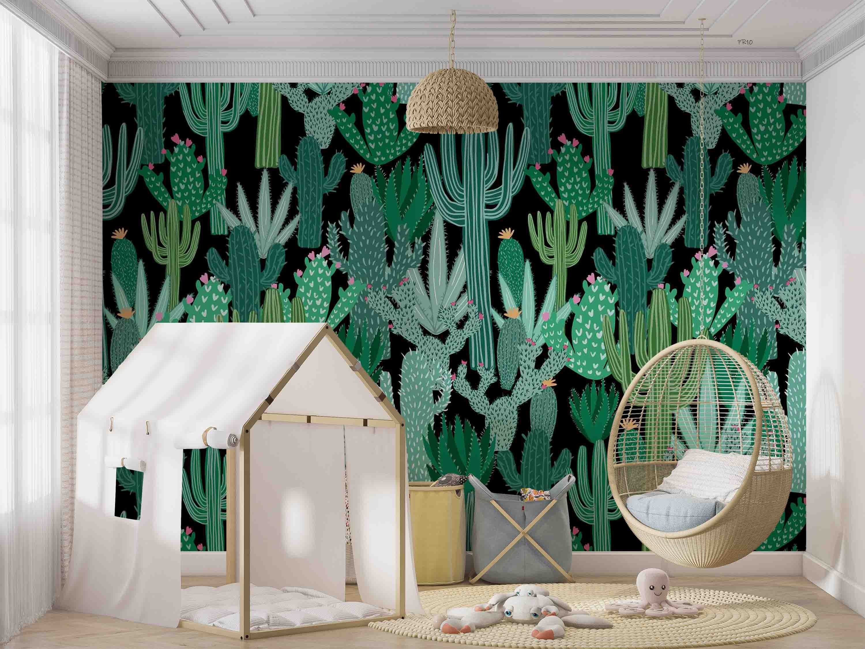 3D Watercolor Cactus Floral Black Background Wall Mural Wallpaper GD 4781- Jess Art Decoration