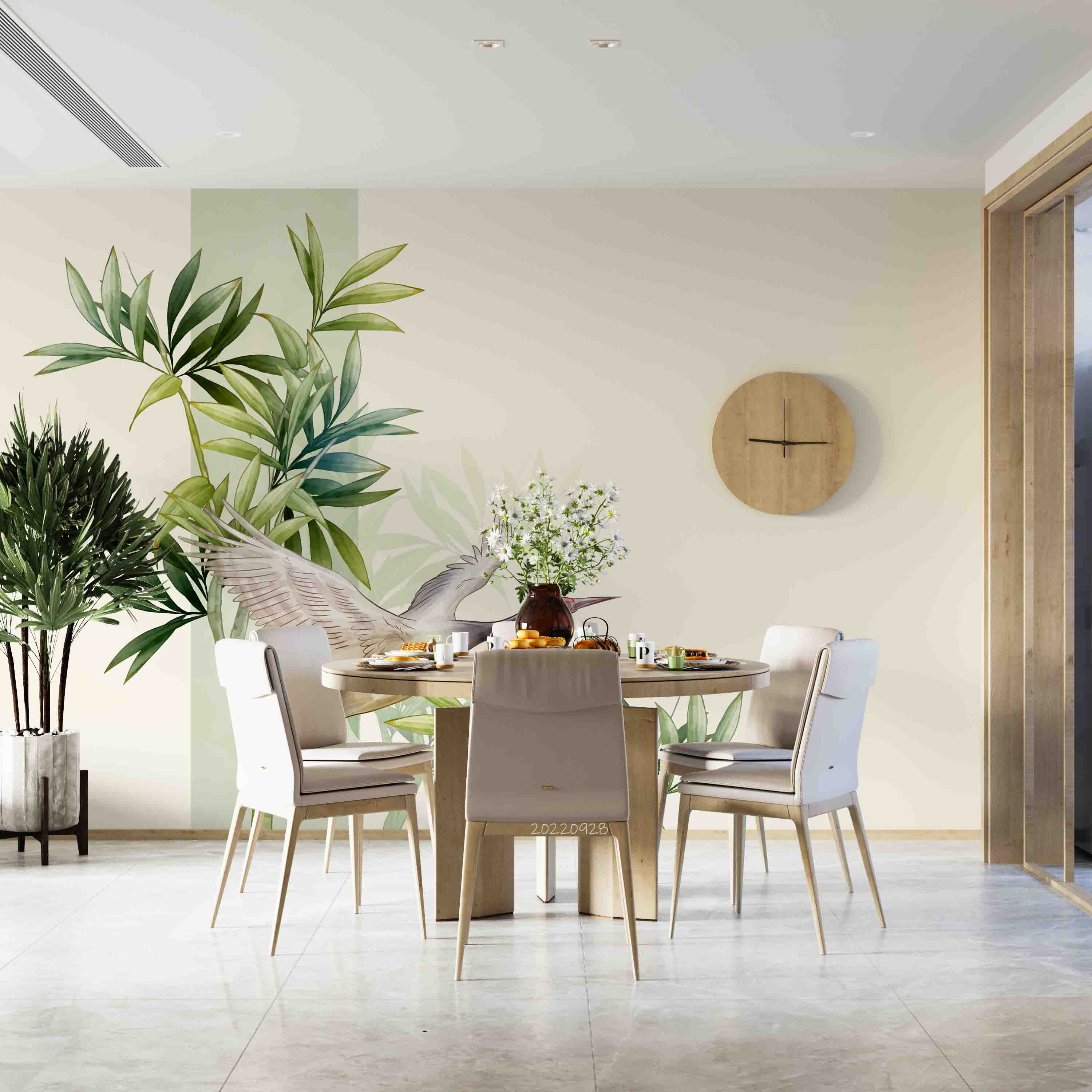 3D Asian Plants Leaves Watercolor Illustration Birds Wall Mural Wallpaper GD 3405- Jess Art Decoration
