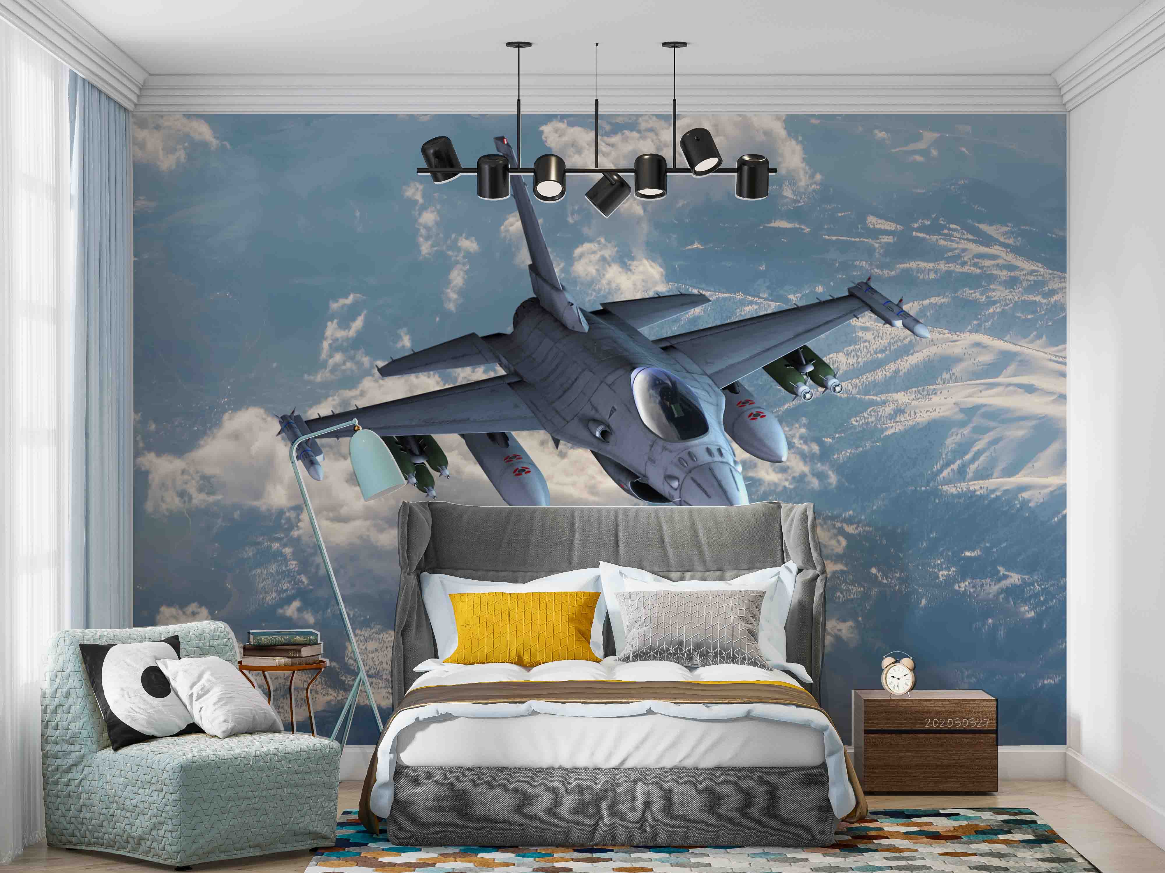 3D Royal Air Force F16 Fighter Mountain Landscape Clouds Wall Mural Wallpaper GD 5377- Jess Art Decoration