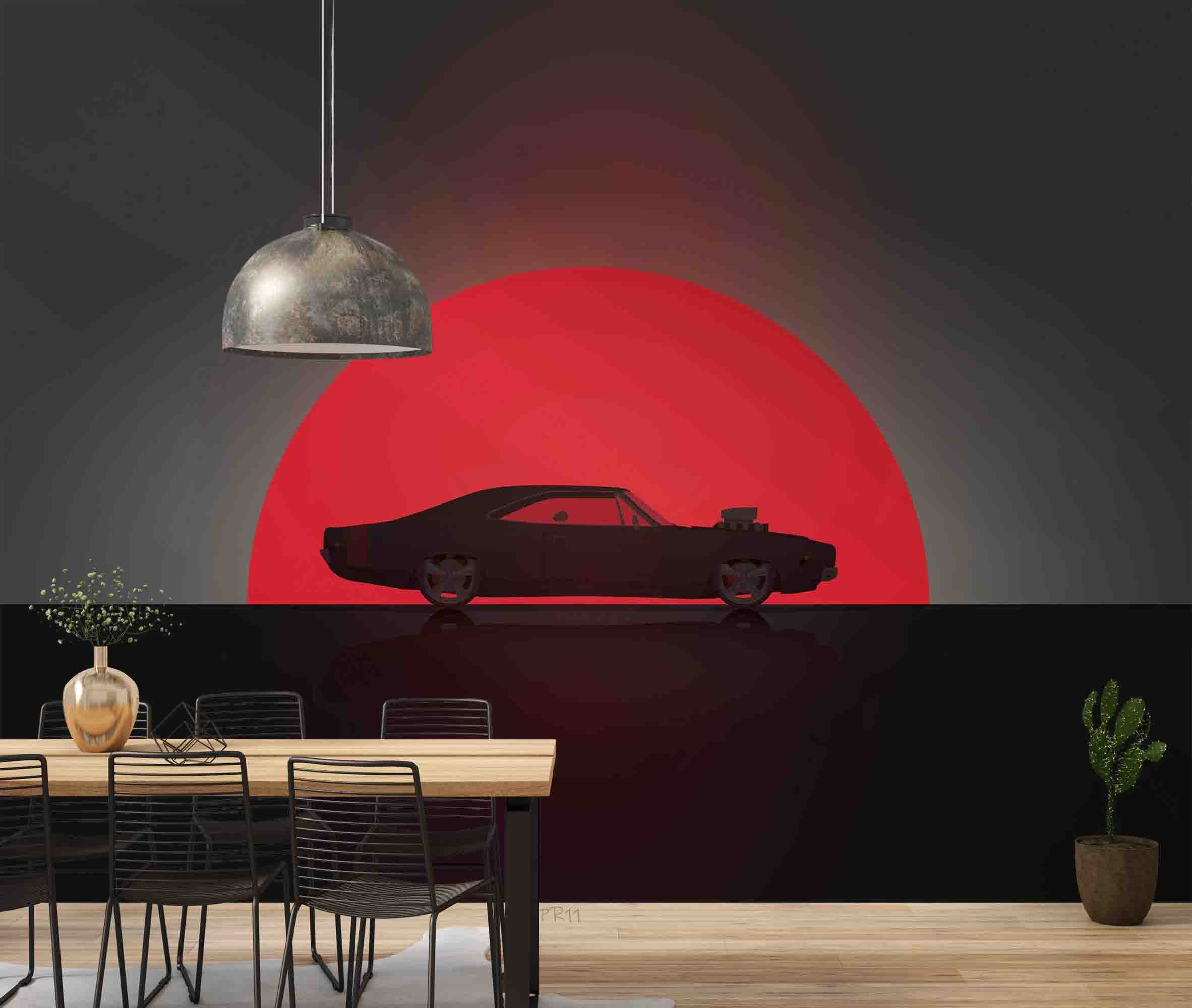 3D Classic Vintage American Muscle Car Sunset Silhouette Wall Mural Wallpaper GD 4914- Jess Art Decoration