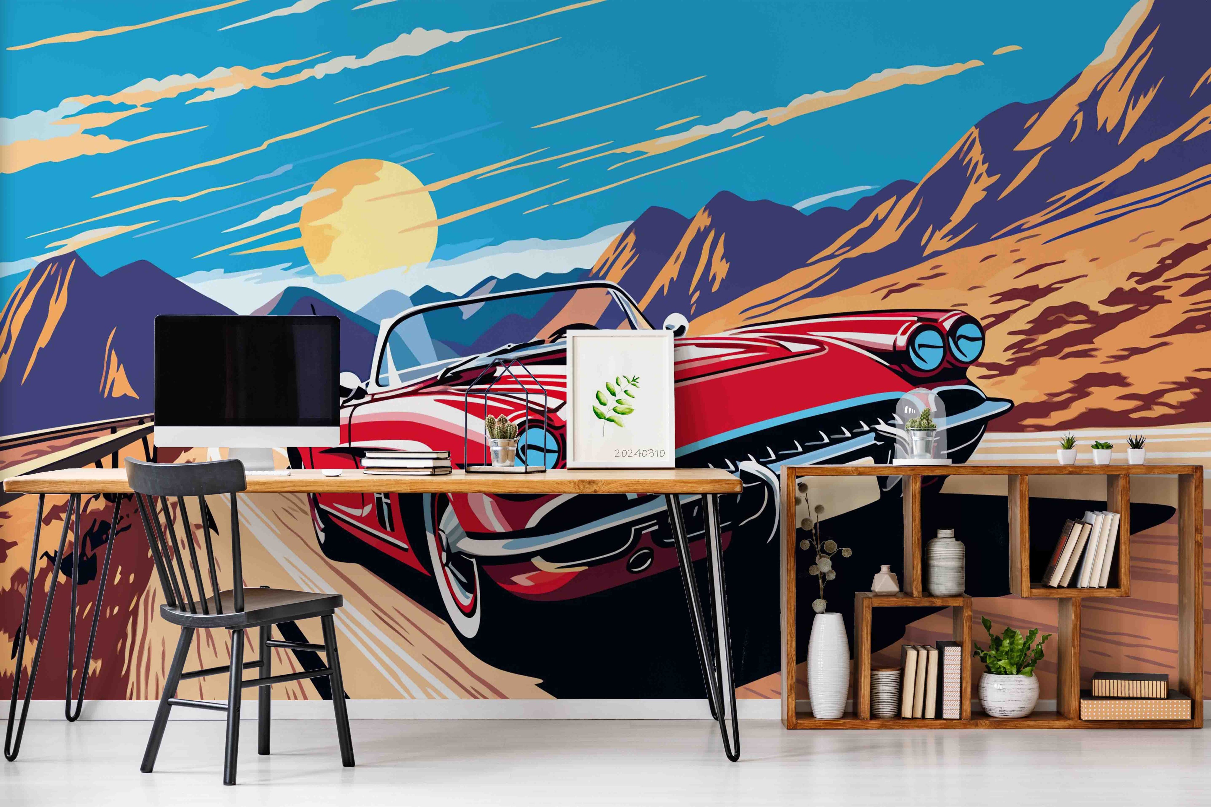 3D Cartoon Sky Mountains Red Sports Car Wallpaper Wall Mural Wall Decor Wall Art Wall Sticker Remoable Wallpaper
