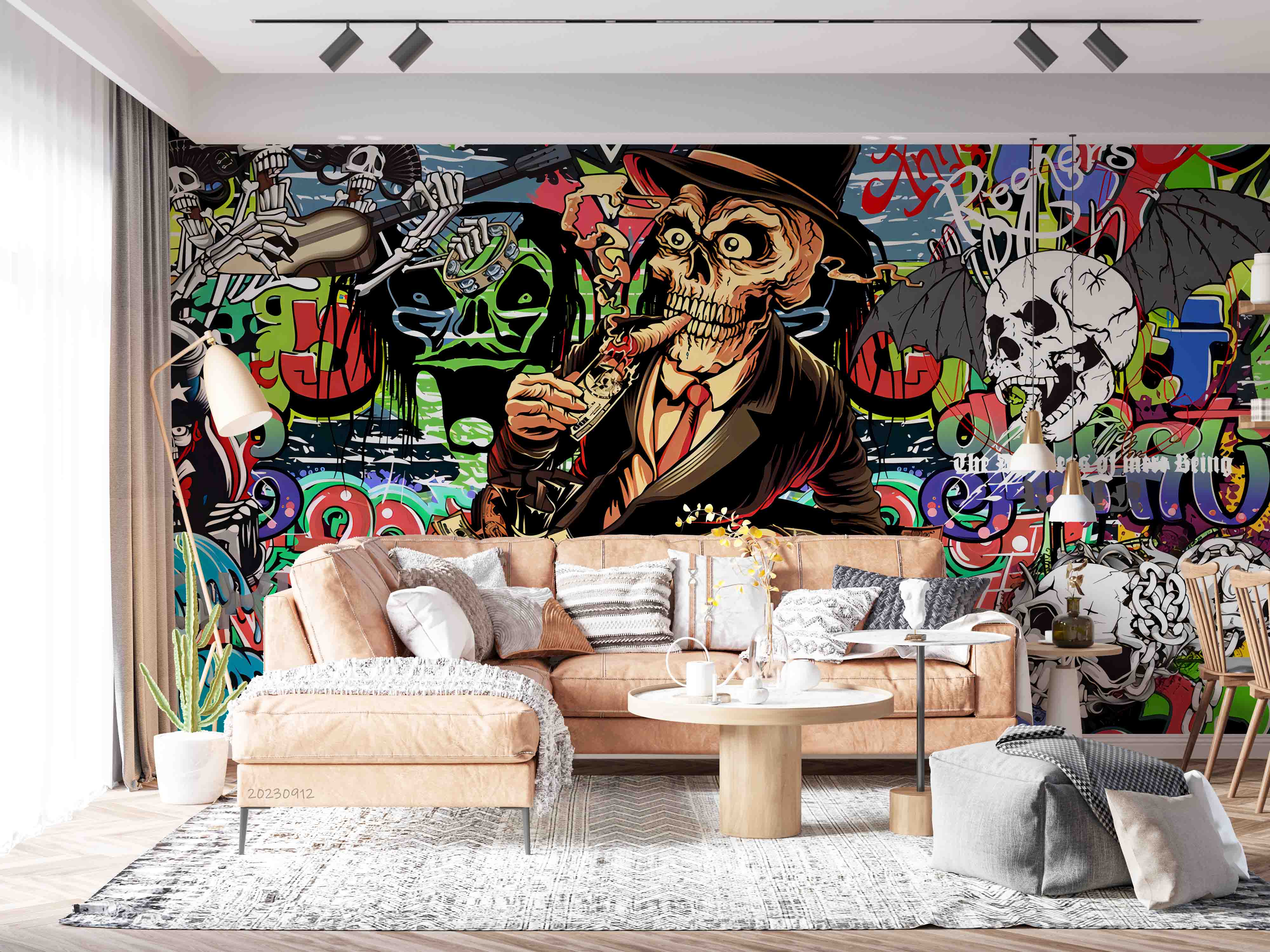 3D Graffiti Skull Skeleton Hands Guitar Wall Mural Wallpaper YXL 2652