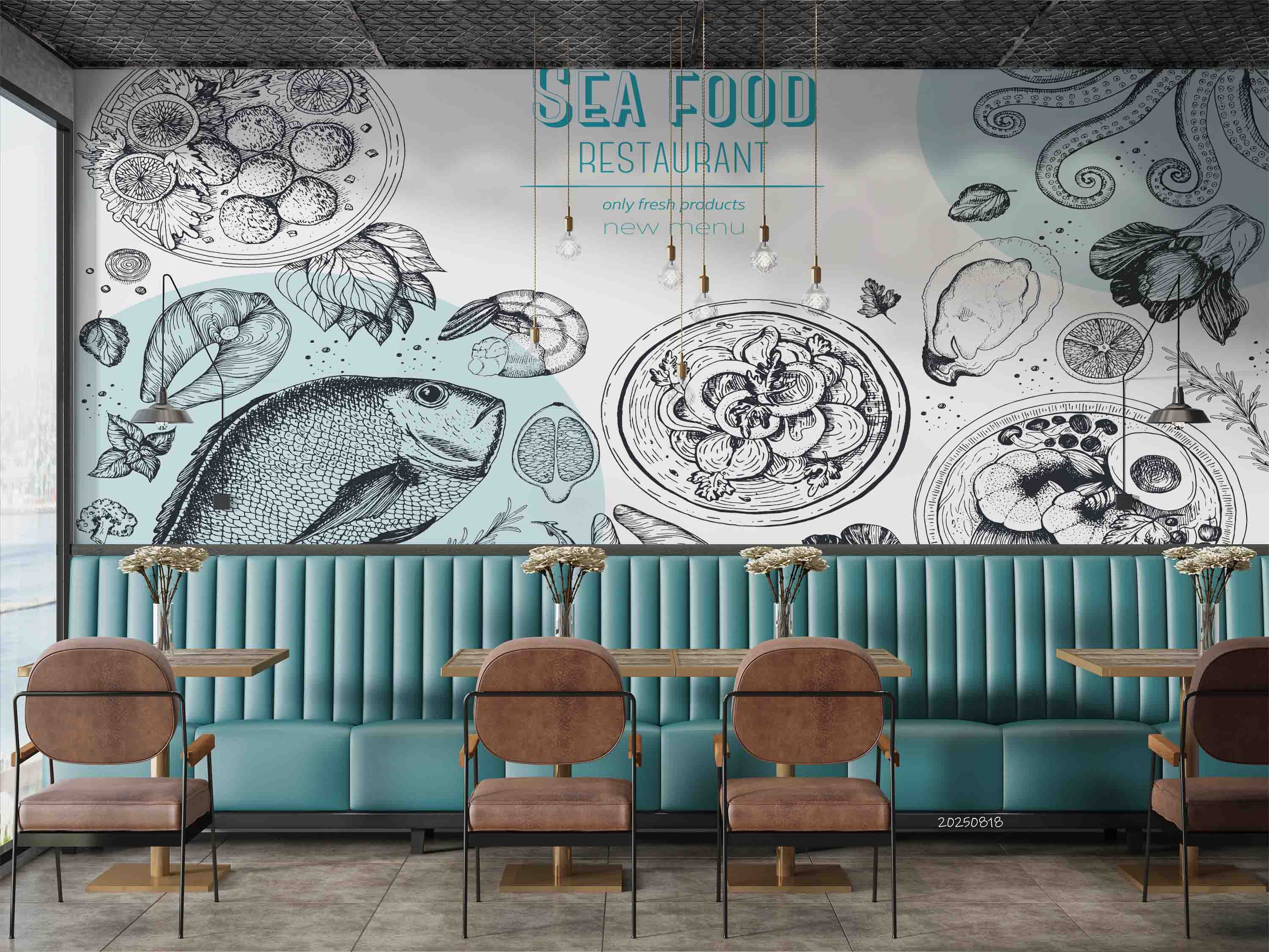 3D Restaurant Snack Bar Diner Fast Food Sea Food Wall Mural Wallpaper 55