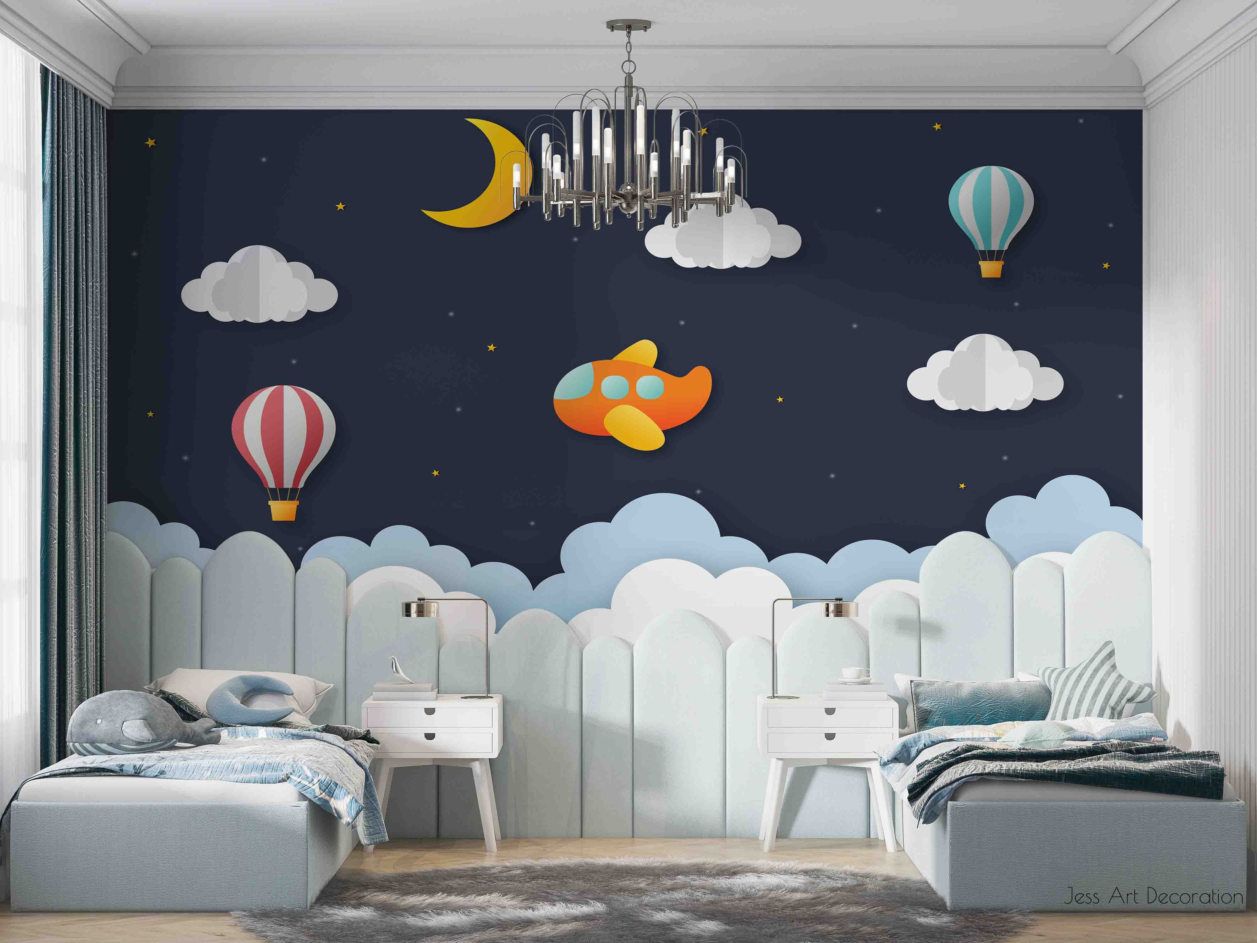 3D Moon Airplane Clouds paper airplane moon cloud scene wall mural wallpaper for nursery - view 4