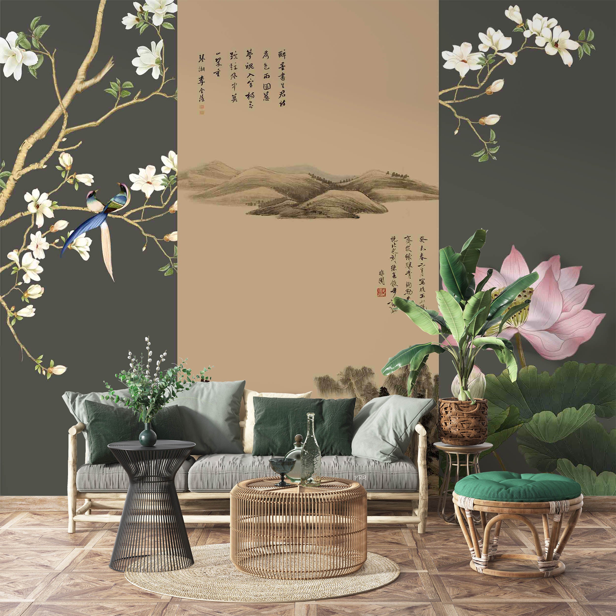 3D Chinese Landscape Painting Magnolia Bird Lotus Wall Mural Wallpaper GD 4649- Jess Art Decoration