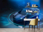 3D Blue Sports Car Wallpaper Wall Mural Wall Decor Wall Art Wall Sticker Remoable Wallpaper